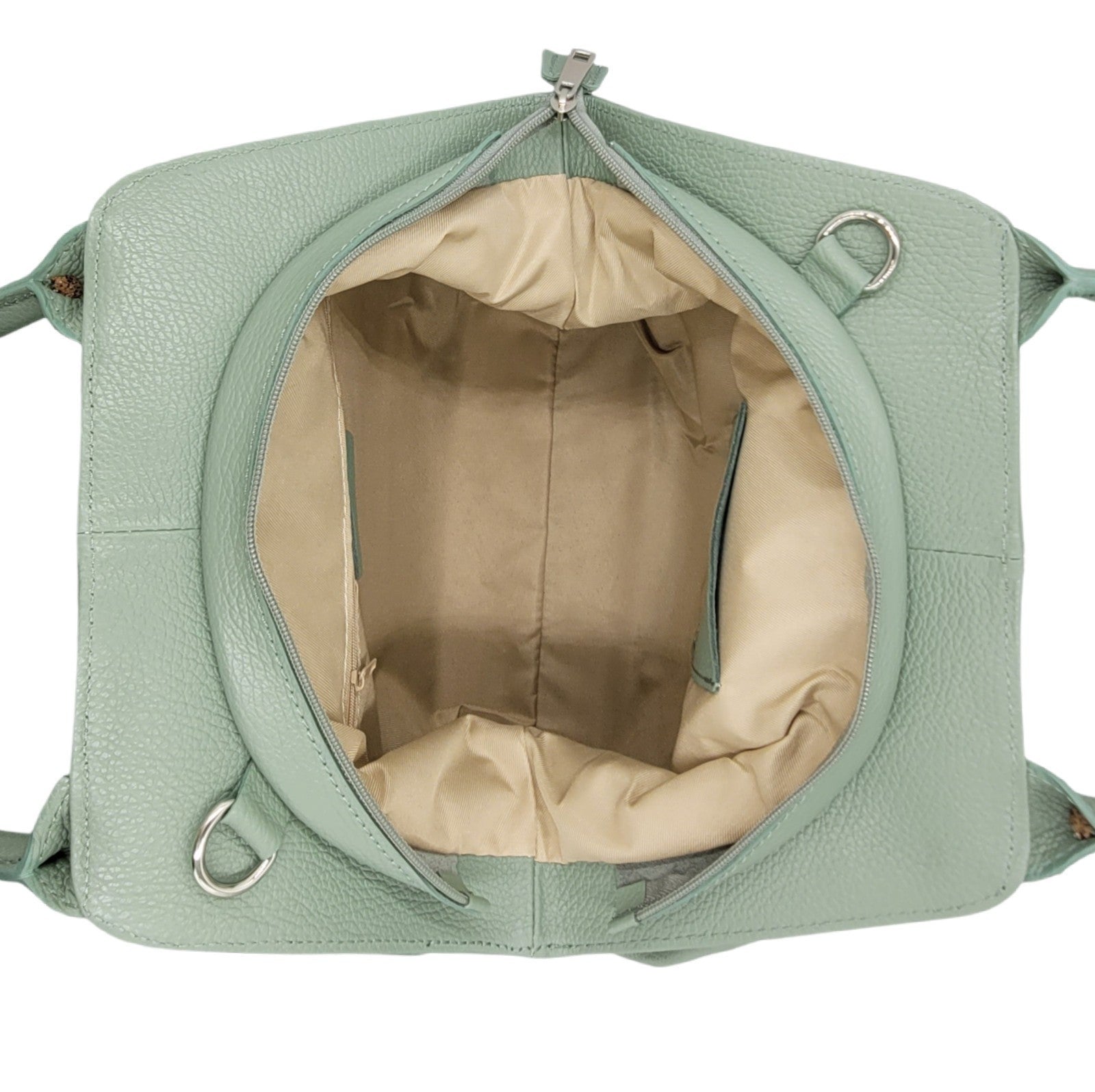 Damen Handtasche Grün aus Echtleder – Made in Italy – Schultergurt, Tragehenkel, Innenfächer, Reißverschluss, silberne Metall-Details