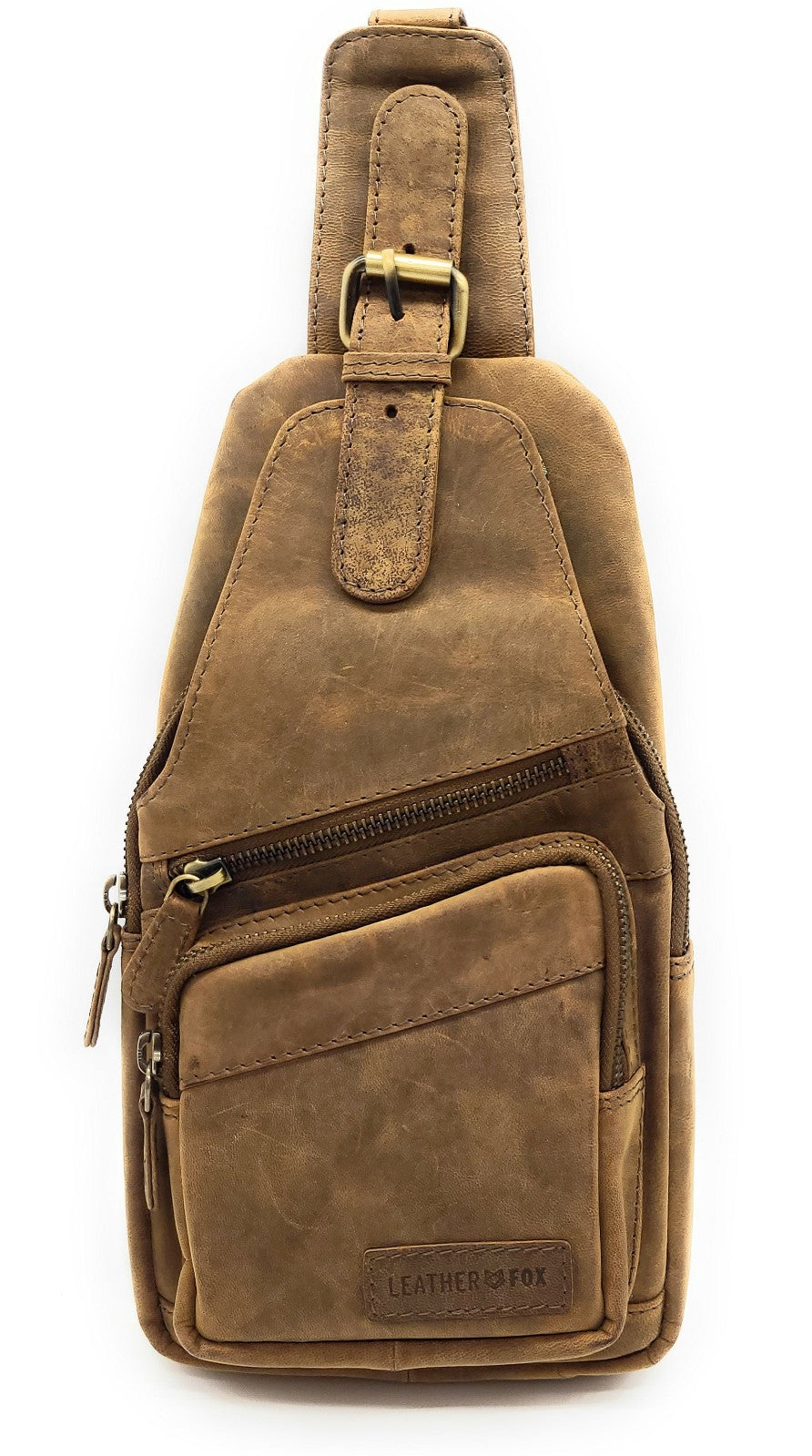 Leatherfox Slingbag aus echtem Hunterleder – mittelgroße Unisex-Umhängetasche mit 2 Fronttaschen, verstellbarem Gurt & karierter Innenausstattung