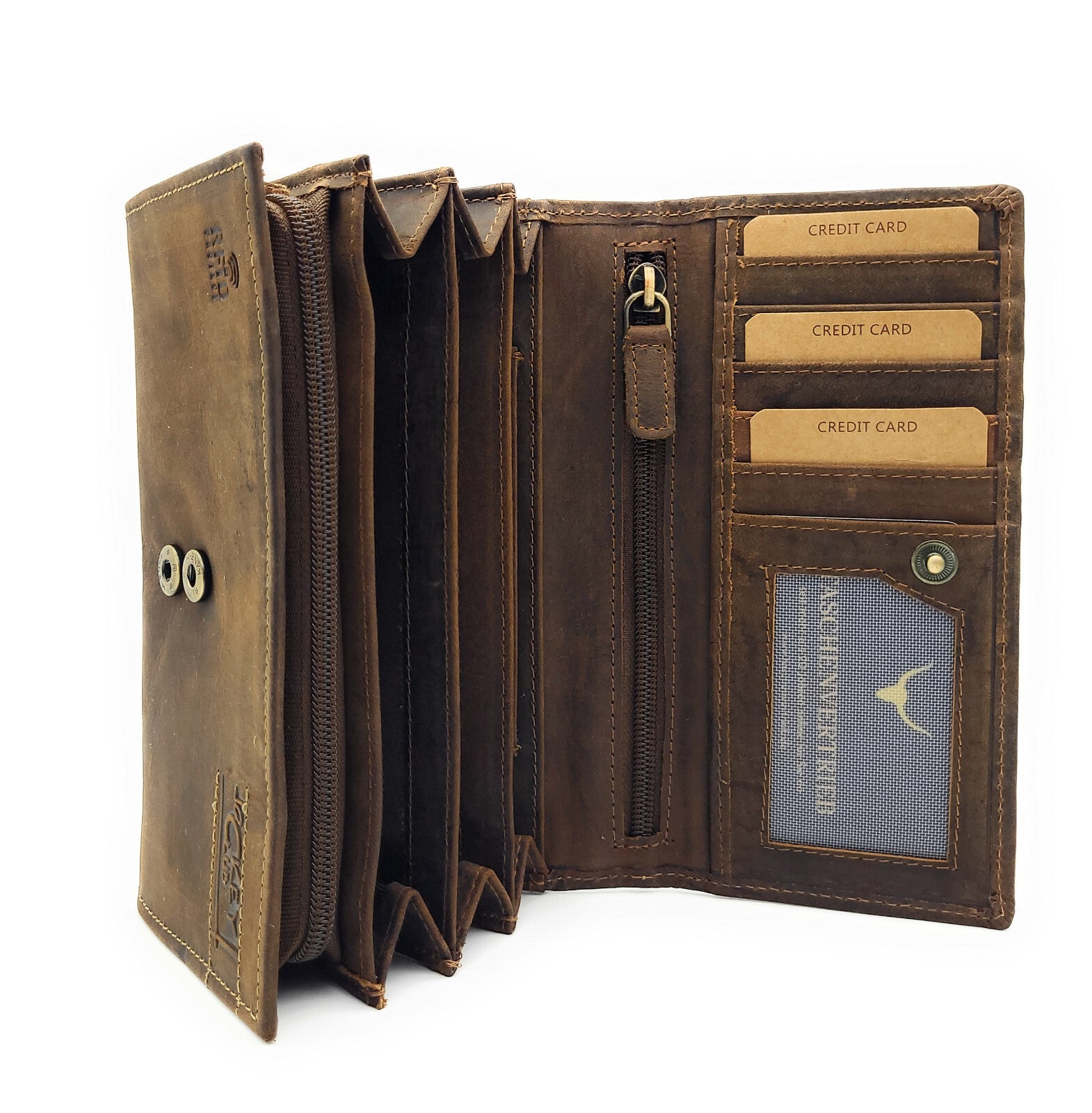 Jockey Club Damenbörse Geldbörse Hunterleder mit Katzenprägung – RFID-Schutz & viele Fächer, Braun