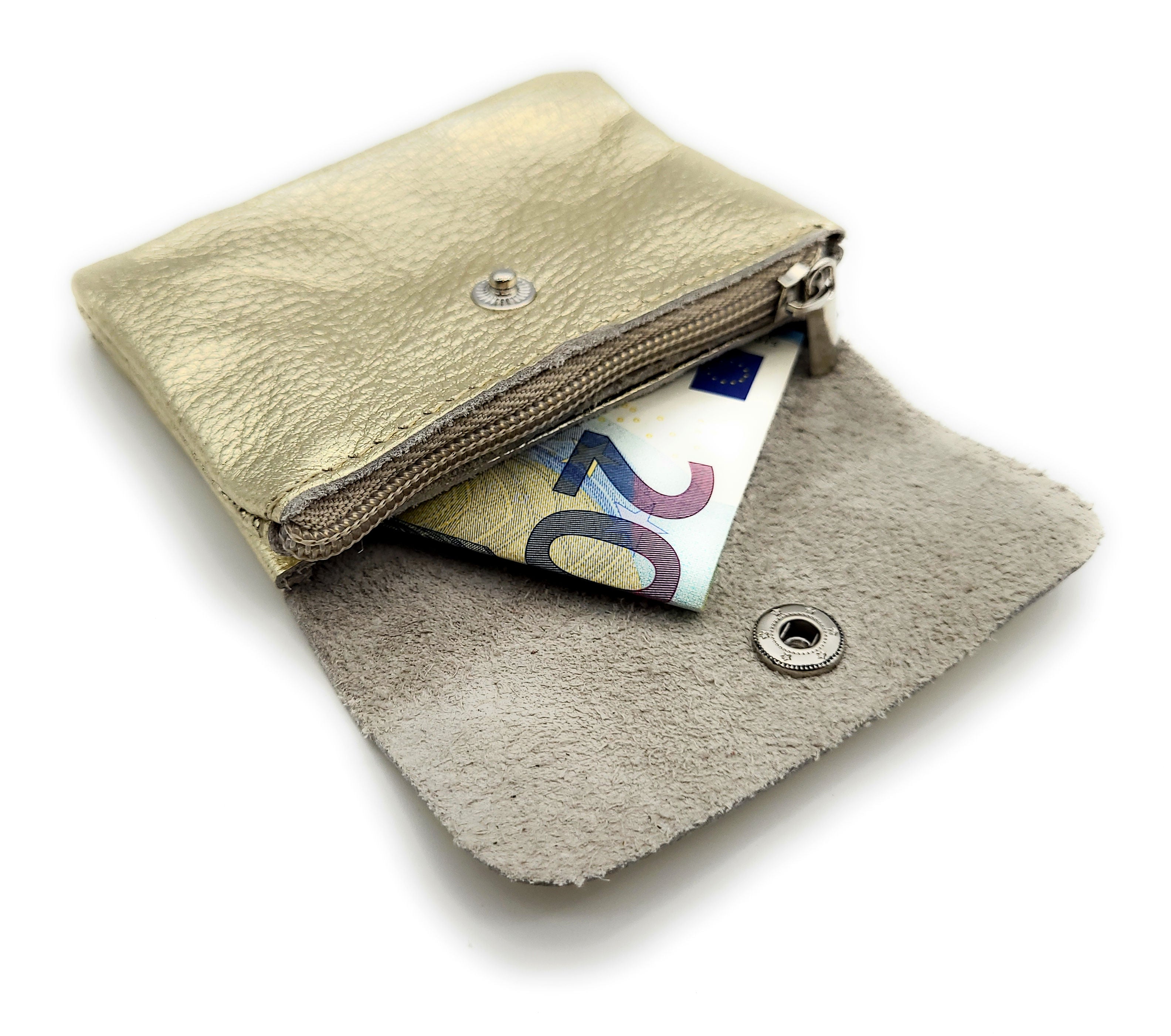 Mini Geldbörse aus echtem Rindleder – kompaktes Leder Portemonnaie Made in Italy gold metallic