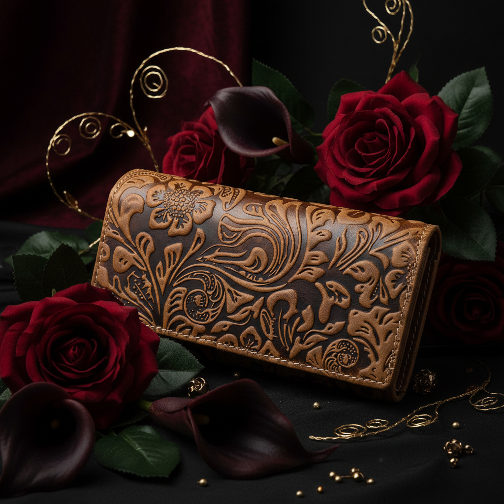 Jockey Club Damengeldbörse, Portemonnaie aus Echtleder mit RFID-Schutz & Blüten-Prägung cognac braun