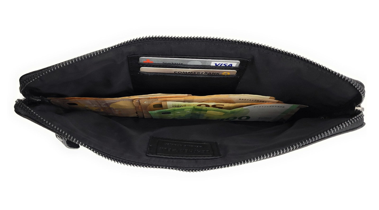 Geldtasche Banktasche Echtleder Komfortgröße 30x15cm mit Metallreißverschluss und Handschlaufe