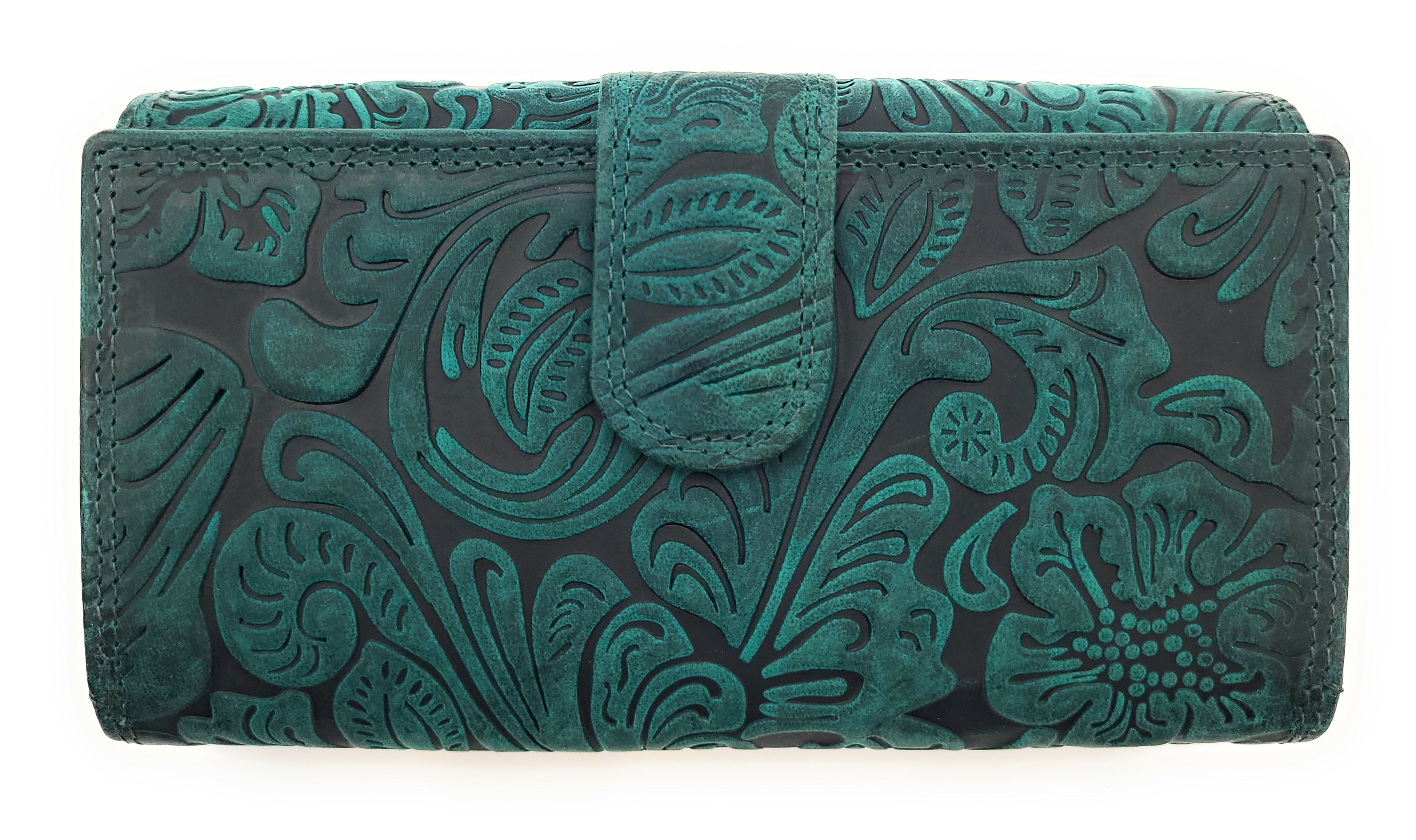 Damen Geldbörse Groß Echt Leder RFID Schutz - Büffelleder Portemonnaie mit 18 Kartenfächern - Große Brieftasche mit Blumenprägung grün