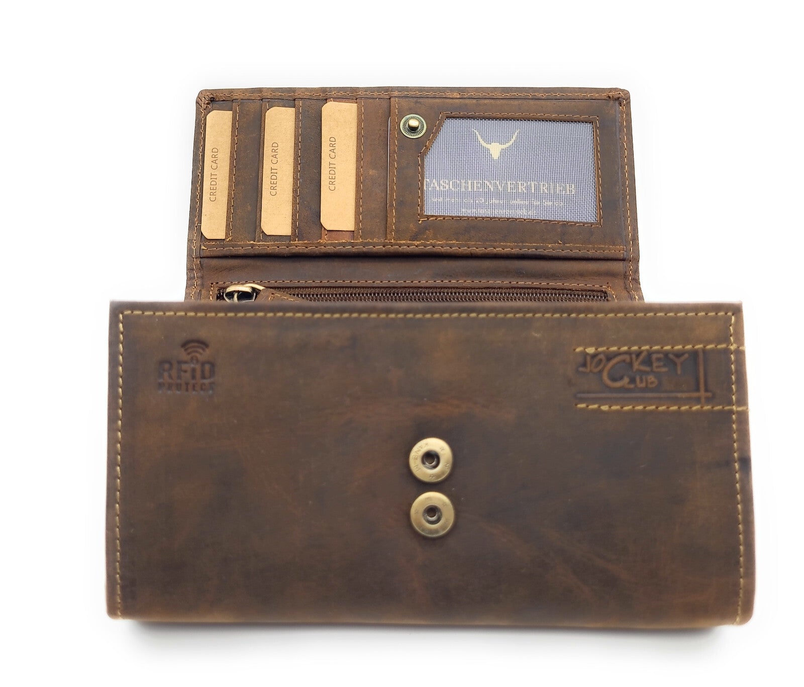 Jockey Club Damenbörse Geldbörse Hunterleder mit Katzenprägung – RFID-Schutz & viele Fächer, Braun