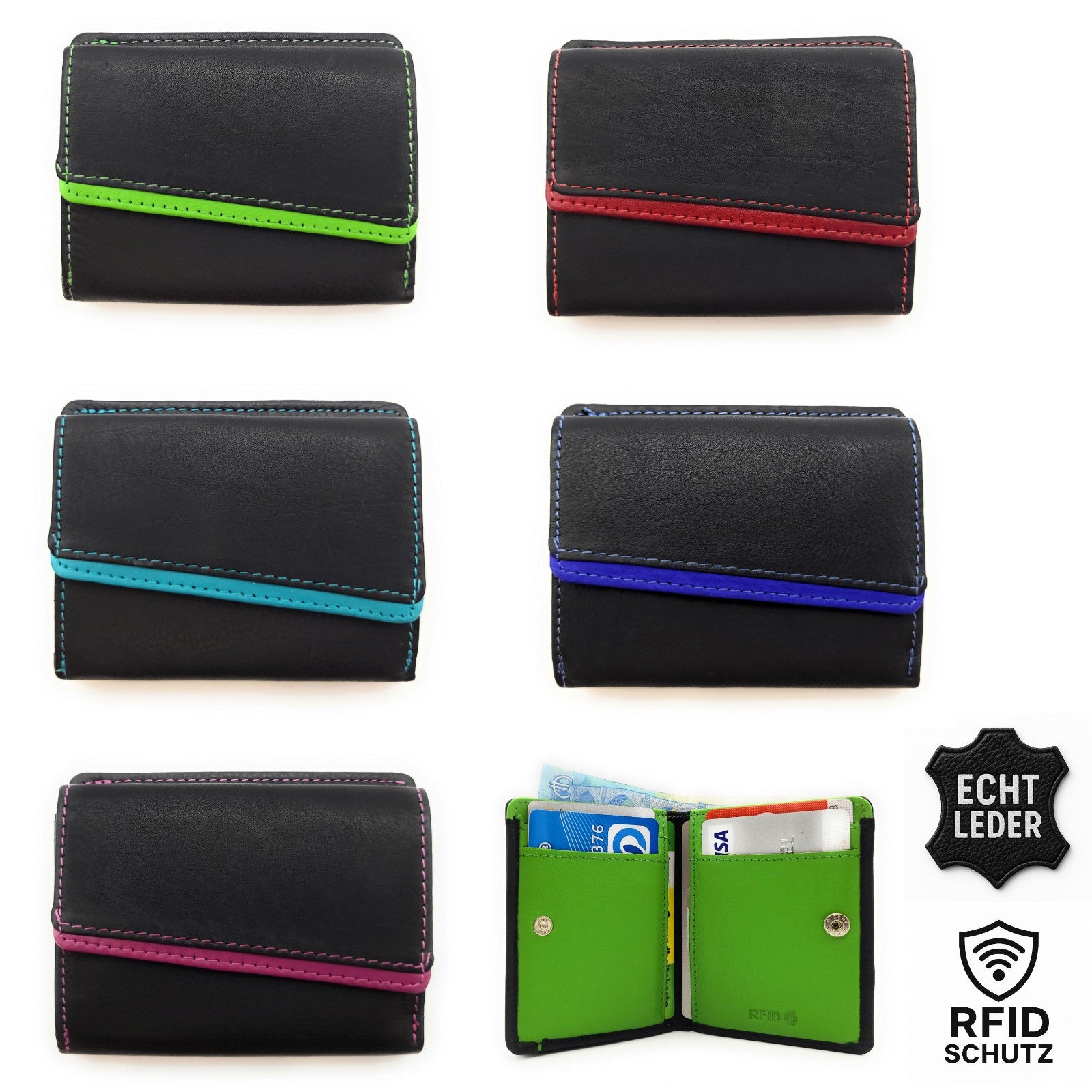 Jockey Club Mini Geldbörse aus Rindleder – Bicolor Lederbörse mit Kontrastnaht, Kartenfächern, Münzfach mit Chipfach, weich & kompakt, 80x95mm