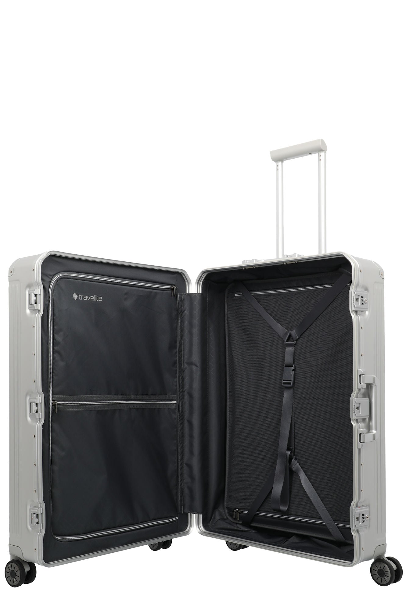 Travelite Next Trolley L – Aluminium Koffer 100 L, TSA, 4 Rollen, variable Packplatte