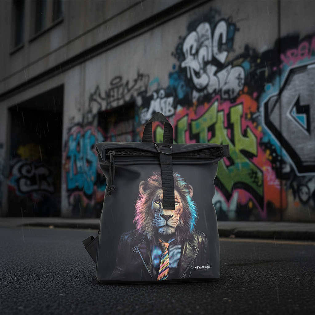 New Rebels Rolltop Cityrucksack Los Angeles – Stylischer Rolltop Rucksack mit Löwen-Design, Wasserabweisend & Praktisch