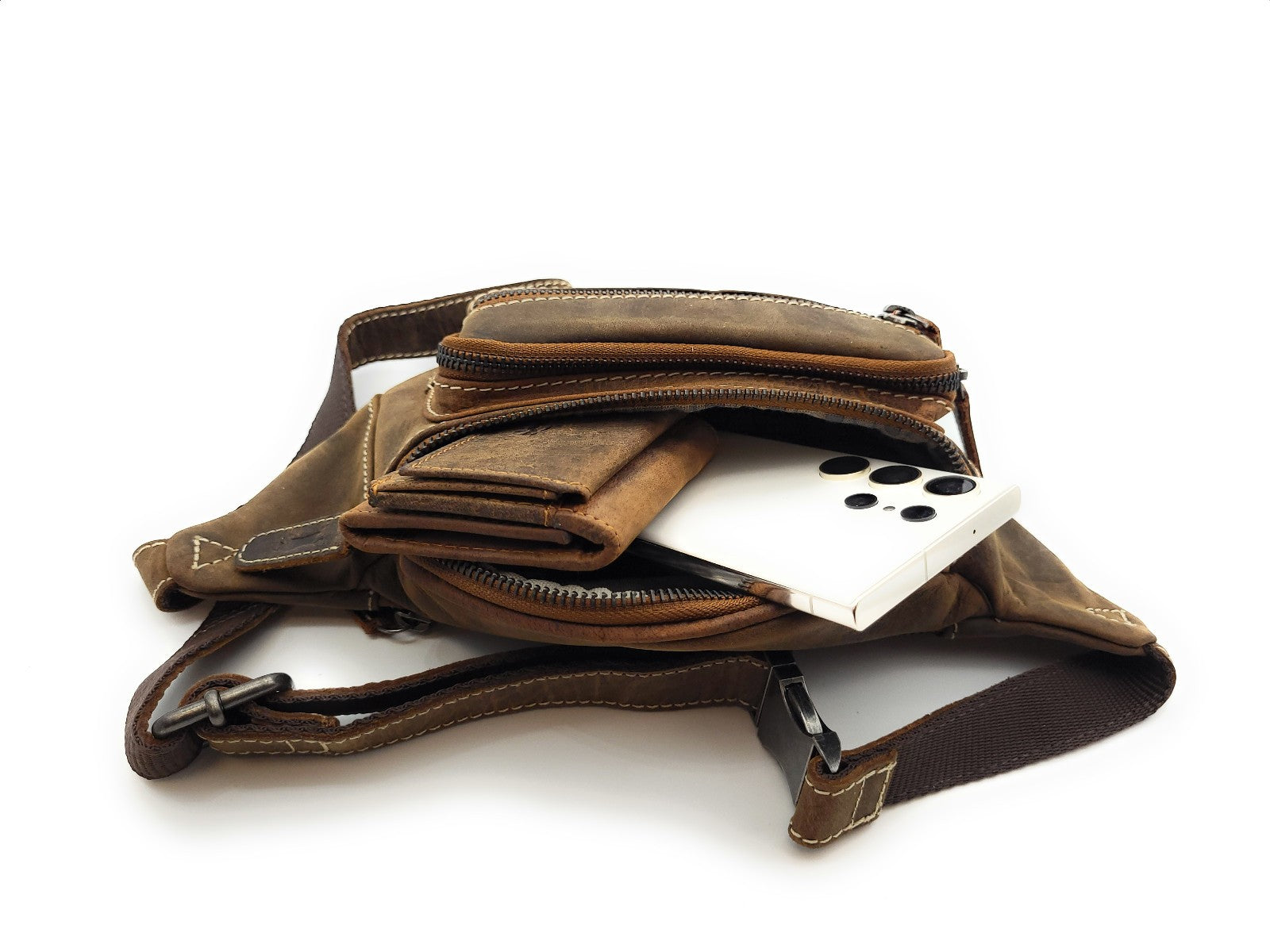 Ven Tomy Bauchtasche aus Hunterleder – robuste Leder-Gürteltasche mit 4 Fächern & verstellbarem Hüftgurt, Metallreißverschlüsse