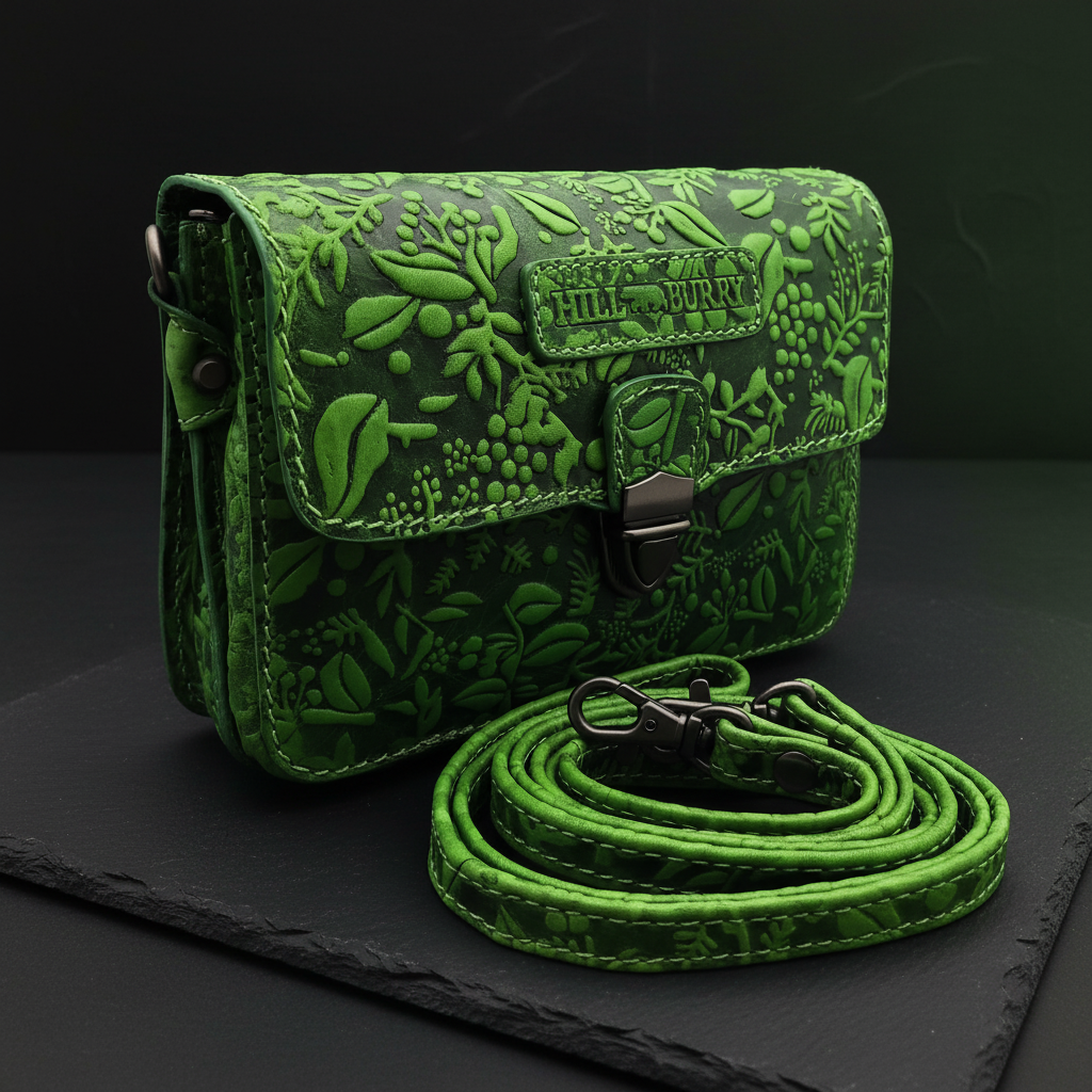 Hill Burry Damen Gürteltasche aus dickem Rindsleder – floral geprägt, 2 Hauptfächer, abnehmbarer Schultergurt