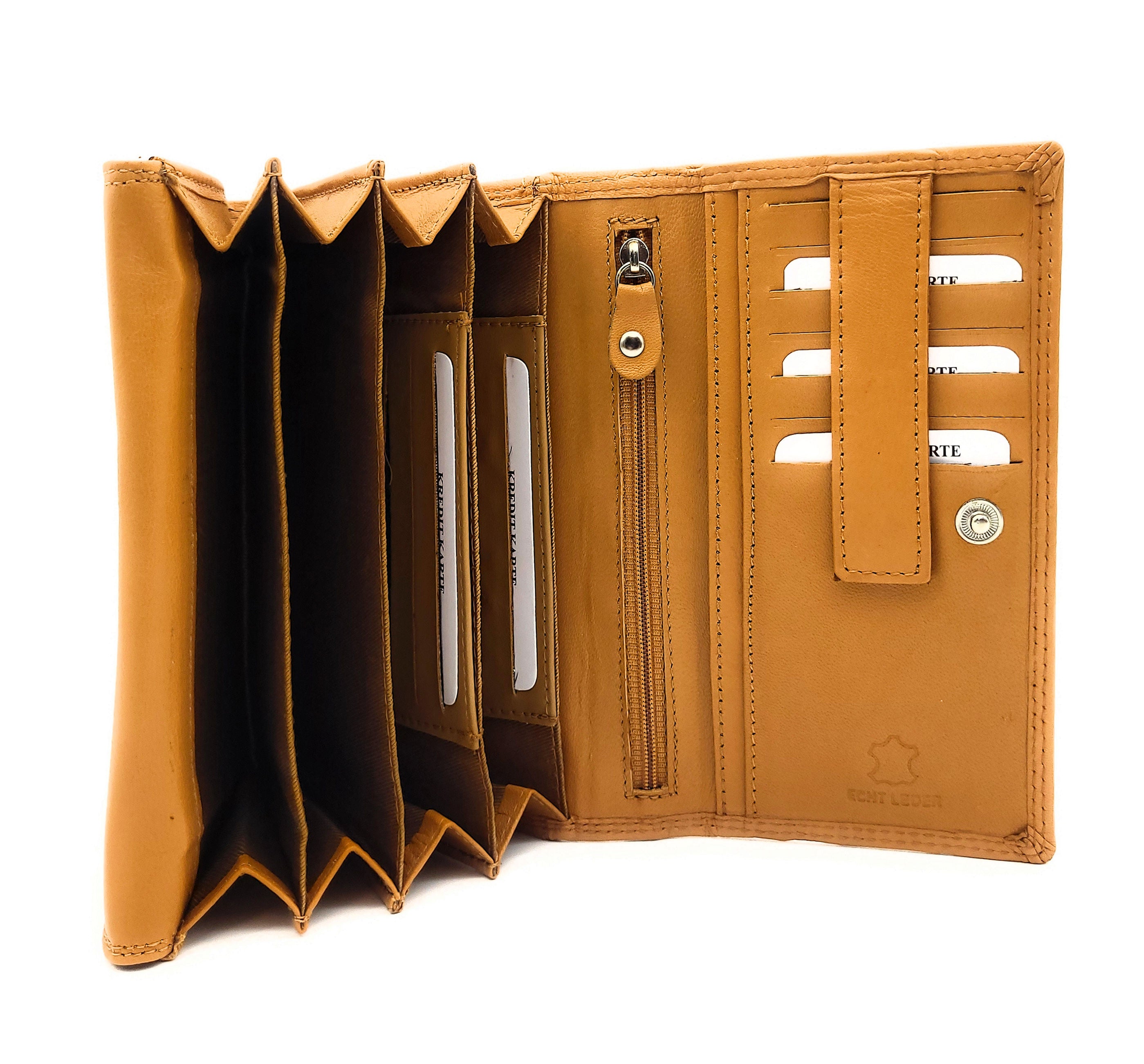 Damen Leder Geldbörse mit RFID Schutz - 12 Kartenfächer, Münzfach und Reißverschlussfächer - Portemonnaie Cognac