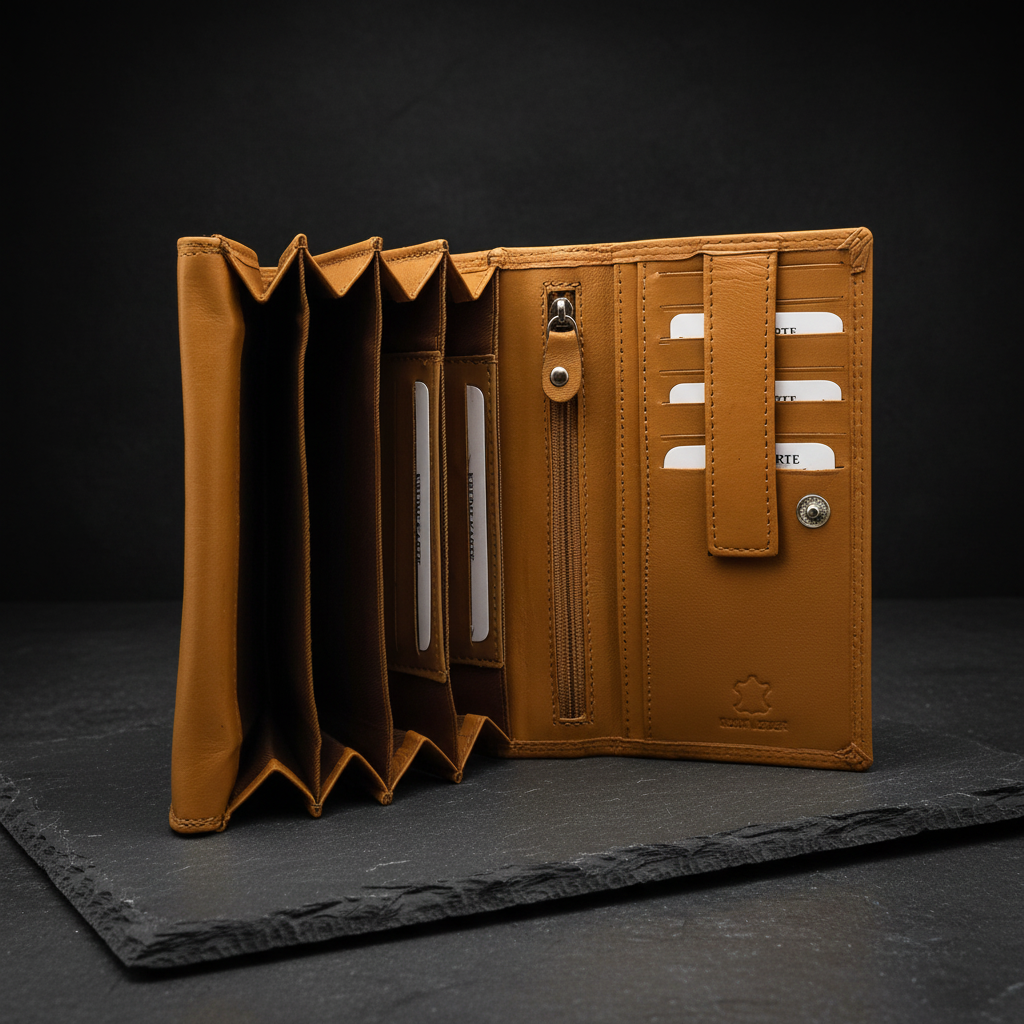 Damen Leder Geldbörse mit RFID Schutz - 12 Kartenfächer, Münzfach und Reißverschlussfächer - Portemonnaie Cognac