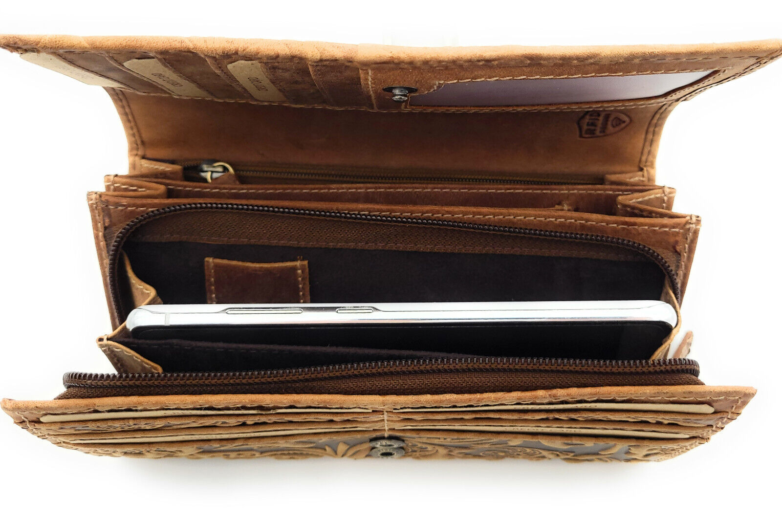 Jockey Club Damengeldbörse, Portemonnaie aus Echtleder mit RFID-Schutz & Blüten-Prägung cognac braun