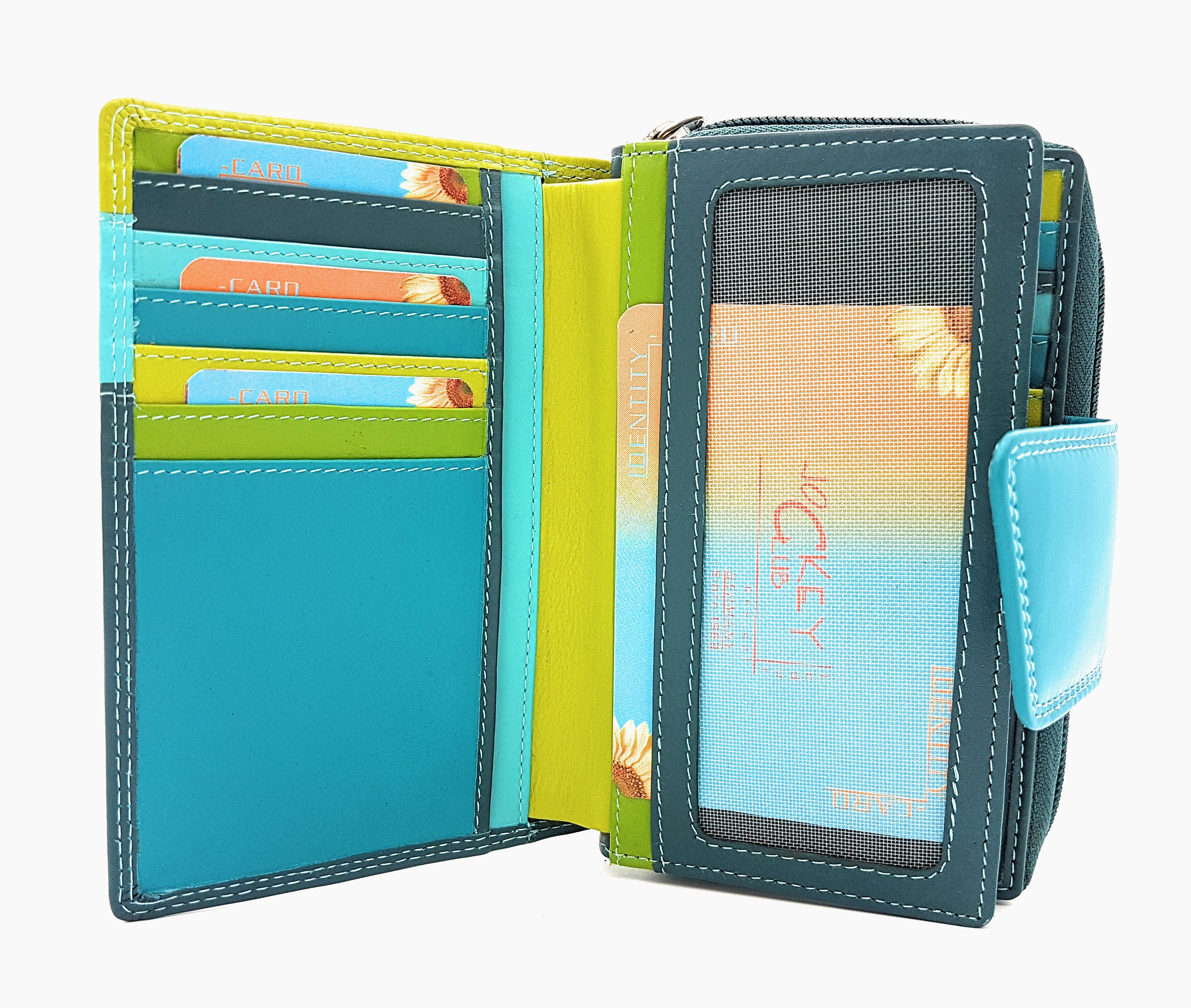 Leder Damen Geldbörse hoch Portemonnaie feines Kalbsnappaleder Jockey Club Rio mit RFID Schutz blau türkis