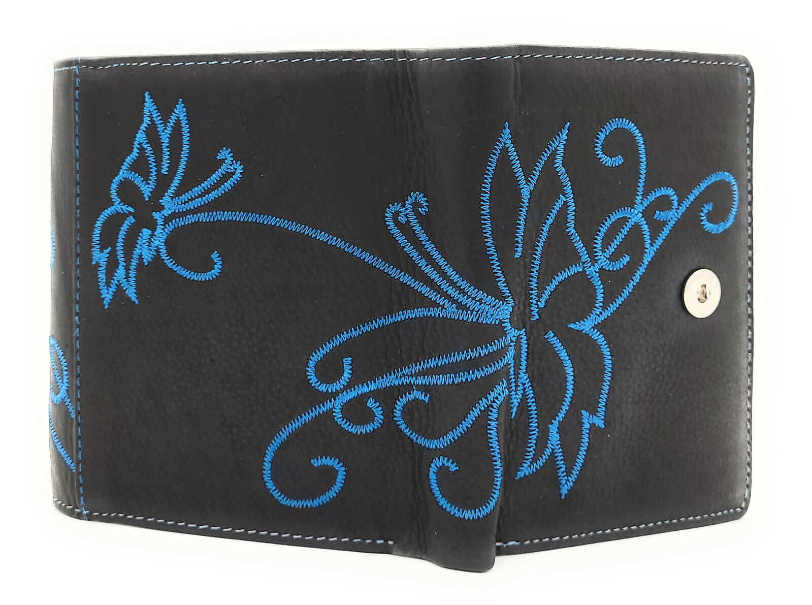 Jockey Club echt Leder Damen Geldbörse mit Stickerei Schmetterling + RFID Schutz blau