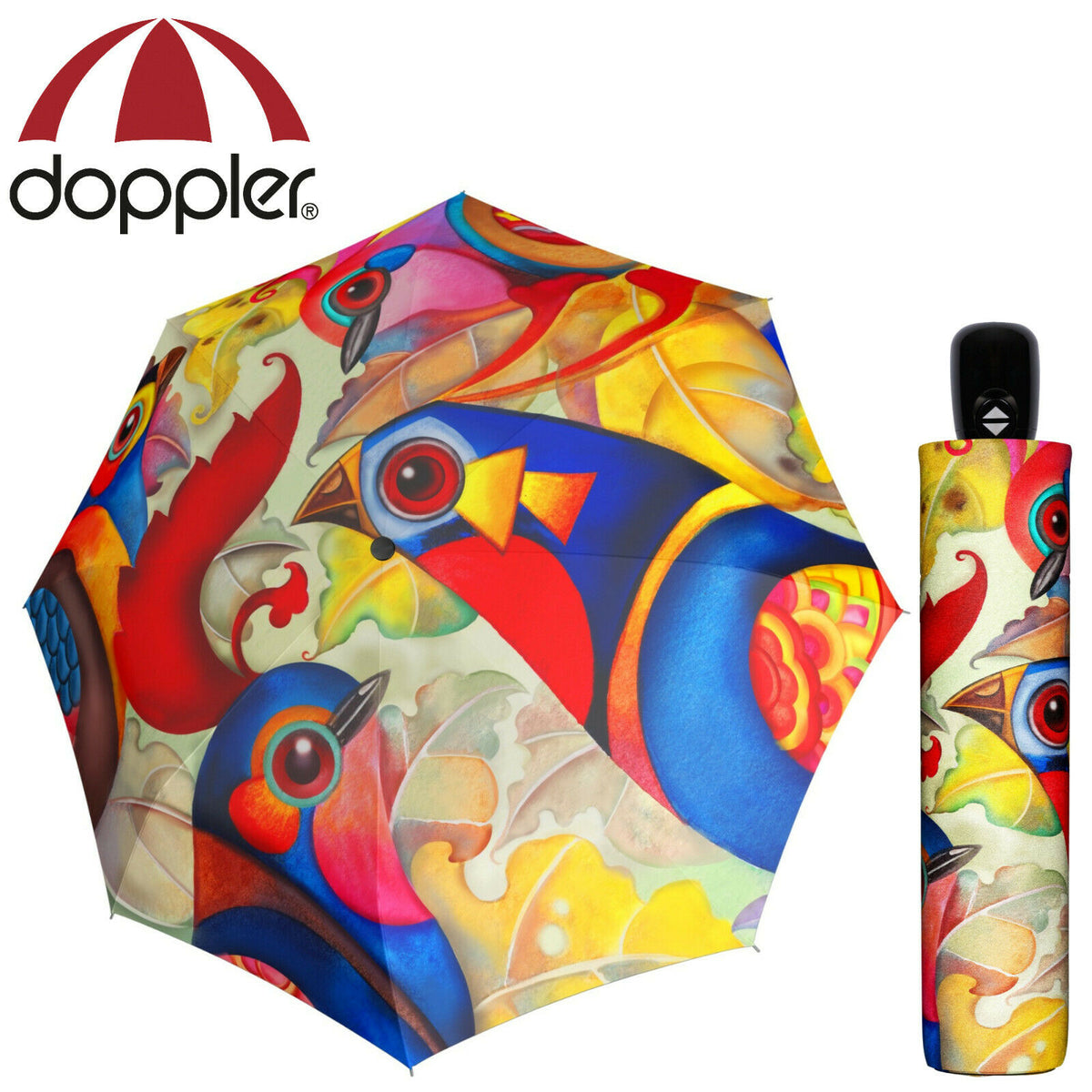 doppler Regenschirm Taschenschirm Auf Zu Automatik Vögel Motiv Birdie