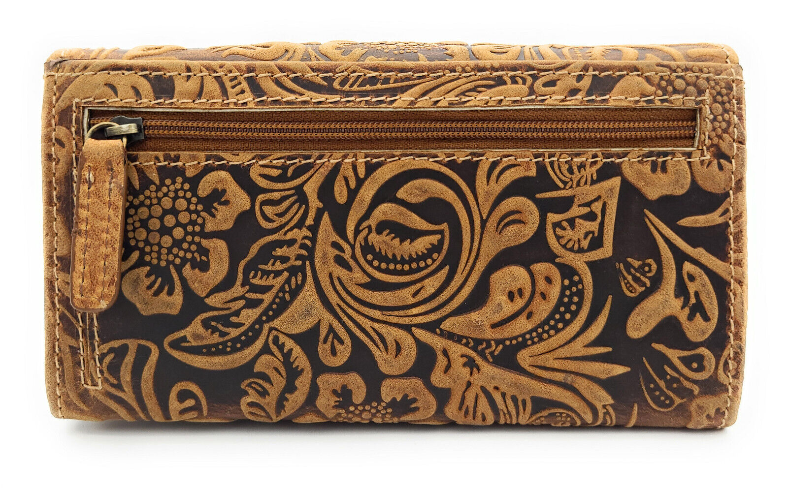 Jockey Club Damen Geldbörse lang Portemonnaie geprägtes Vollrindleder Ranken und Blüten mit RFID Schutz cognac braun