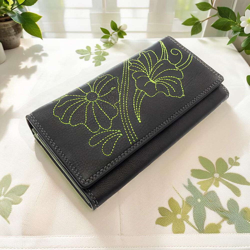 Jockey Club echt Leder Damen Geldbörse Portemonnaie mit RFID Schutz Flower grün