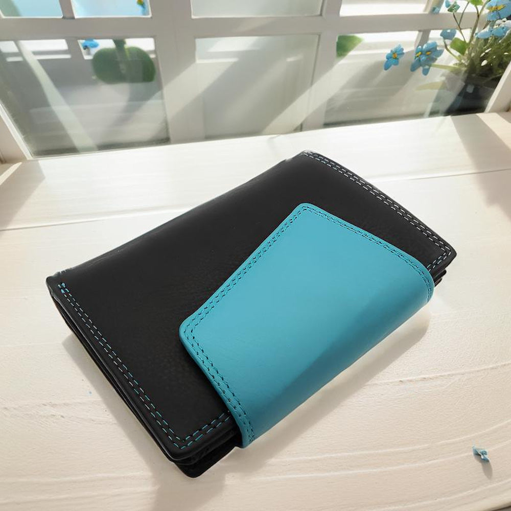 Jockey Club hochwertige Damen Geldbörse aus Echtleder mit RFID Schutz & Diagonalriegel – Handgefertigte Lederbörse mit vielen Fächern schwarz blau