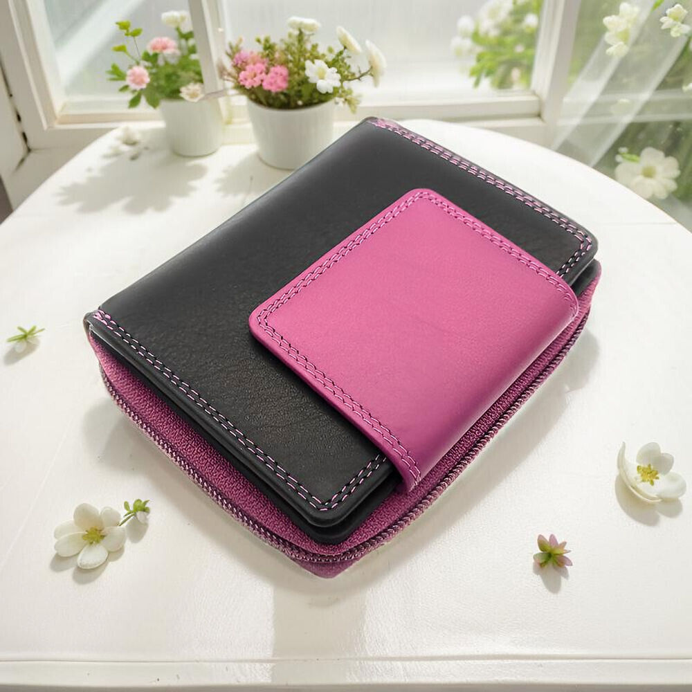 Jockey Club echt Leder Damen Geldbörse Portemonnaie mit RFID Schutz schwarz pink