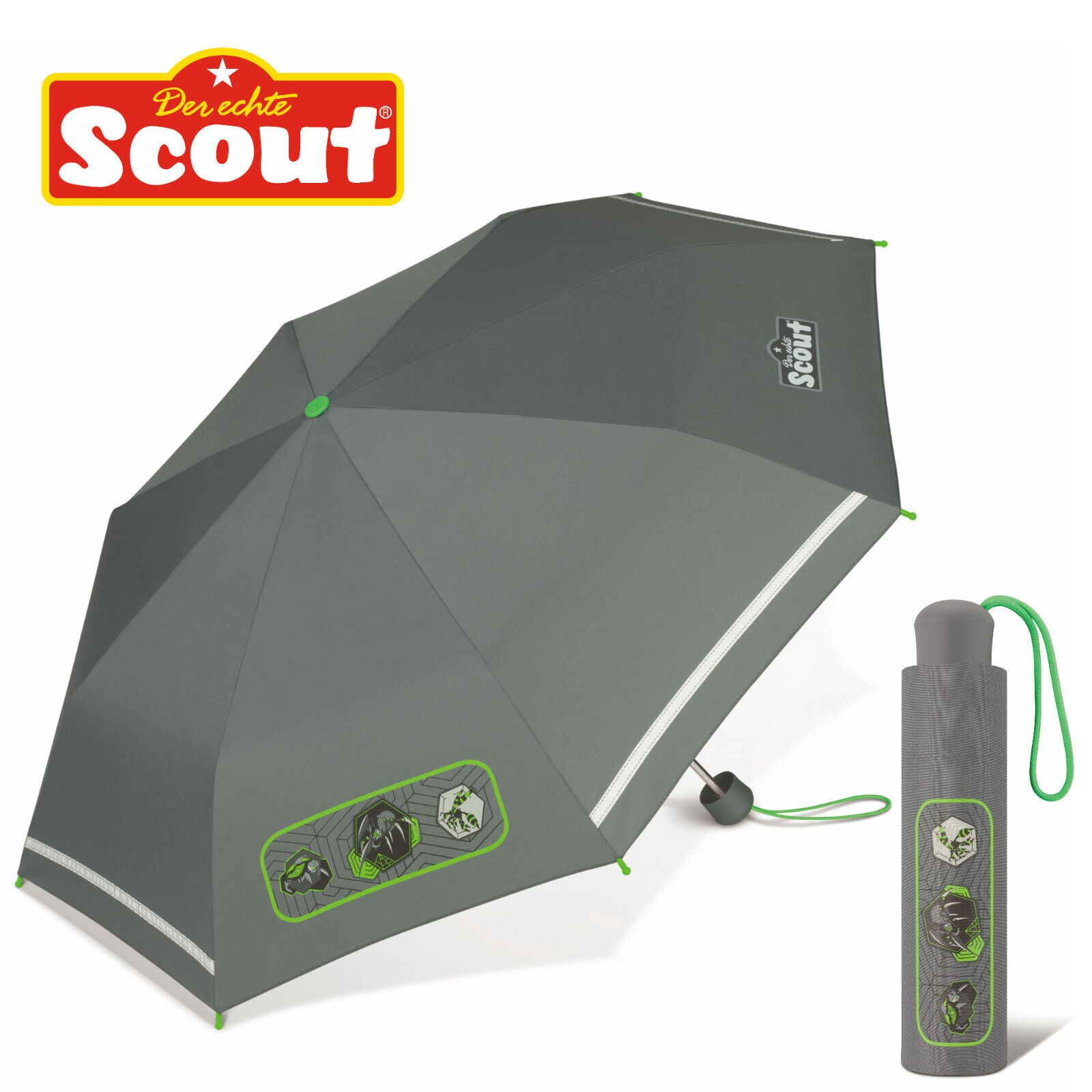 Scout Boys Kinder Regenschirm Taschenschirm mit Reflektionsstreifen Black Spider