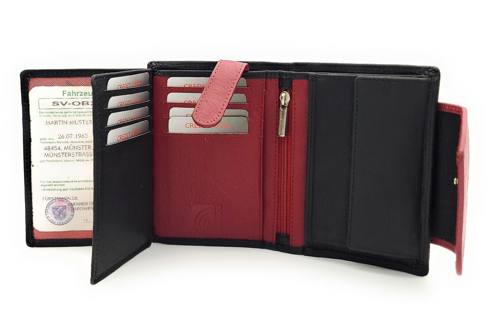 Jockey Club hochwertige Damen Geldbörse aus Echtleder mit RFID Schutz & Diagonalriegel – Handgefertigte Lederbörse mit vielen Fächern schwarz rot