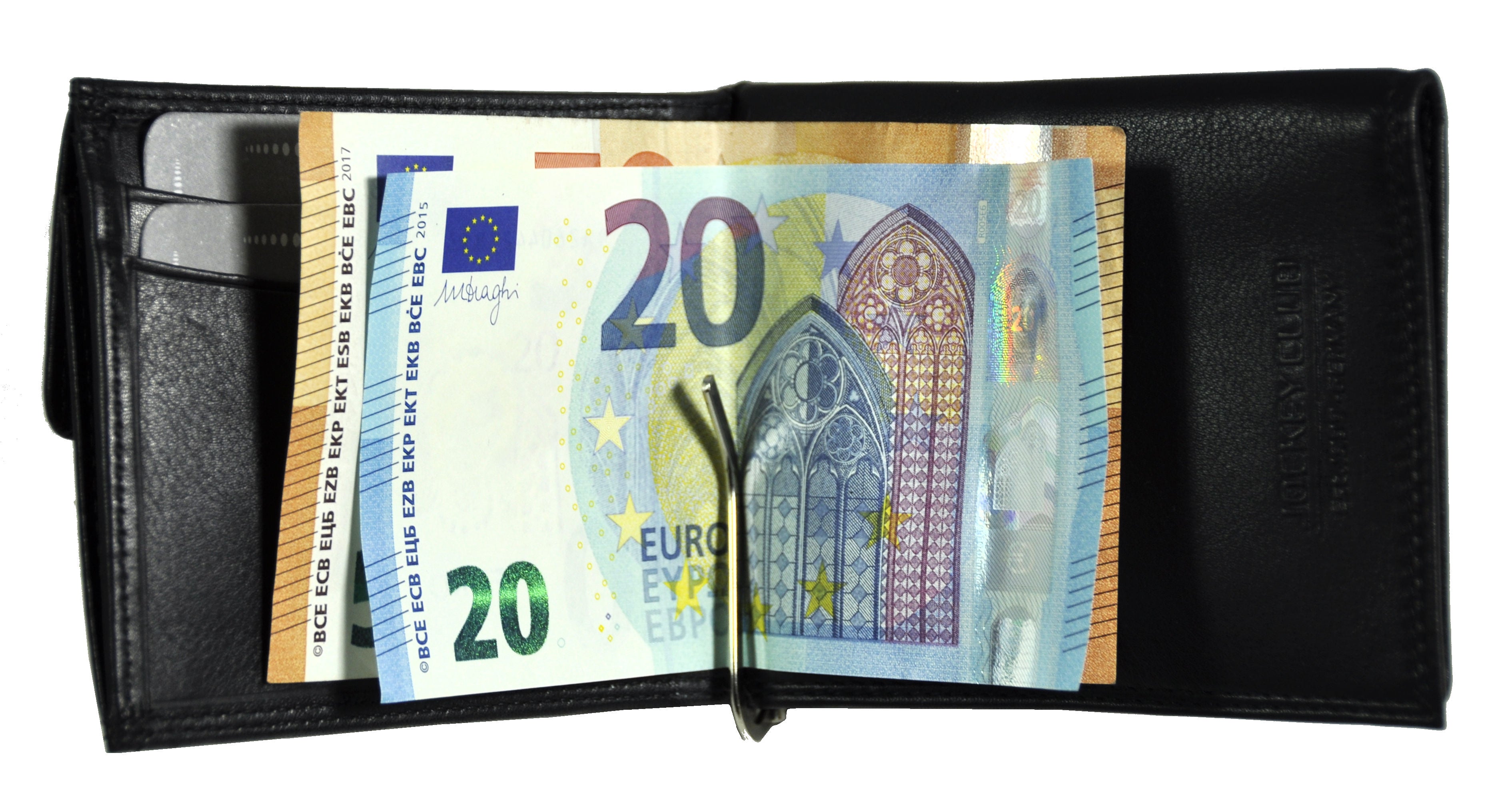 Jockey Club RFID Leder-Geldbörse mit Dollarclip & Münzfach - Geldklammer – Schwarz, echtes Nappaleder