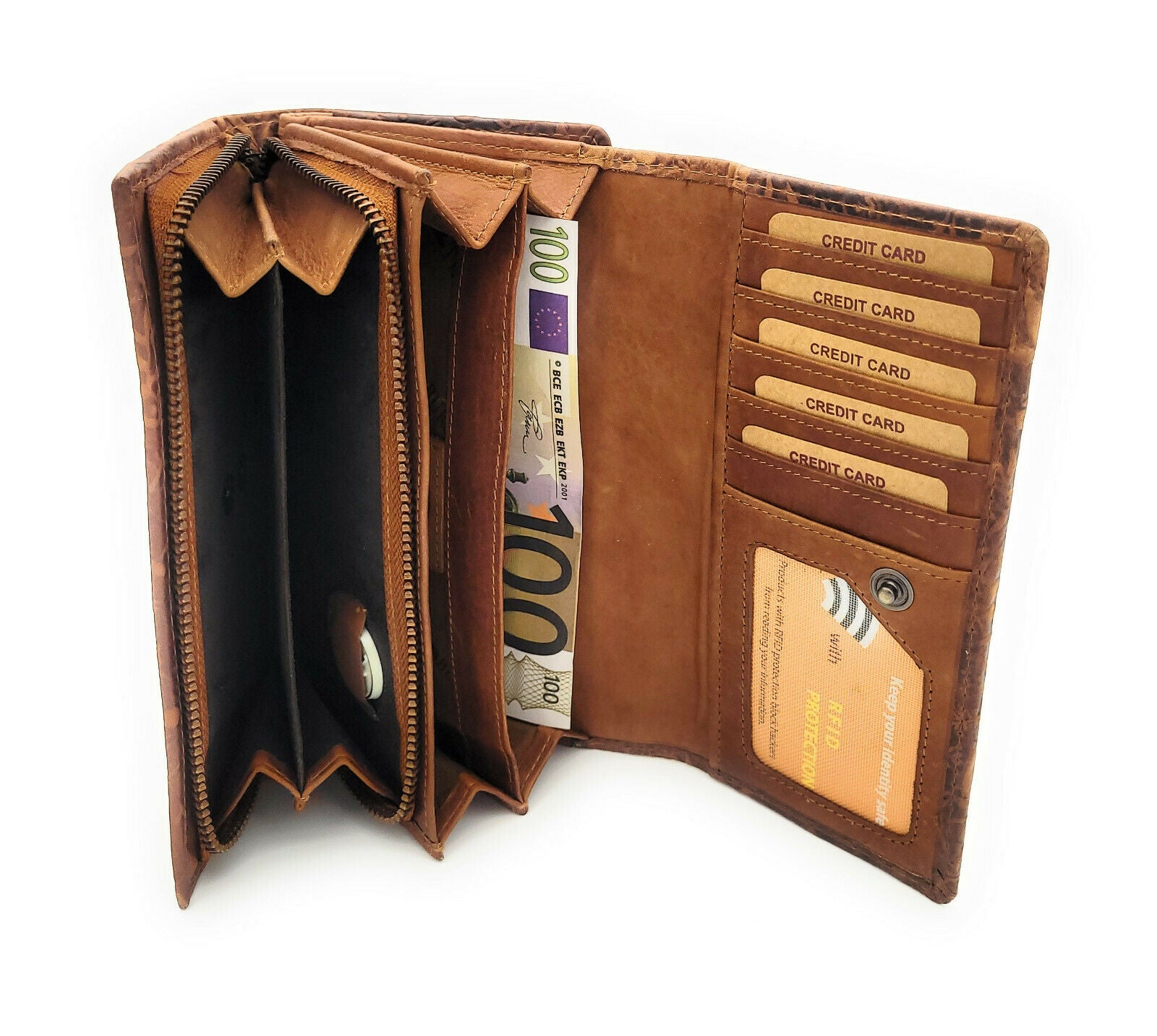 Hill Burry Damen Geldbörse Leder Braun RFID Schutz - 17 Kartenfächer Portemonnaie mit Münzfach - Naturleder Brieftasche floral geprägt Vintage