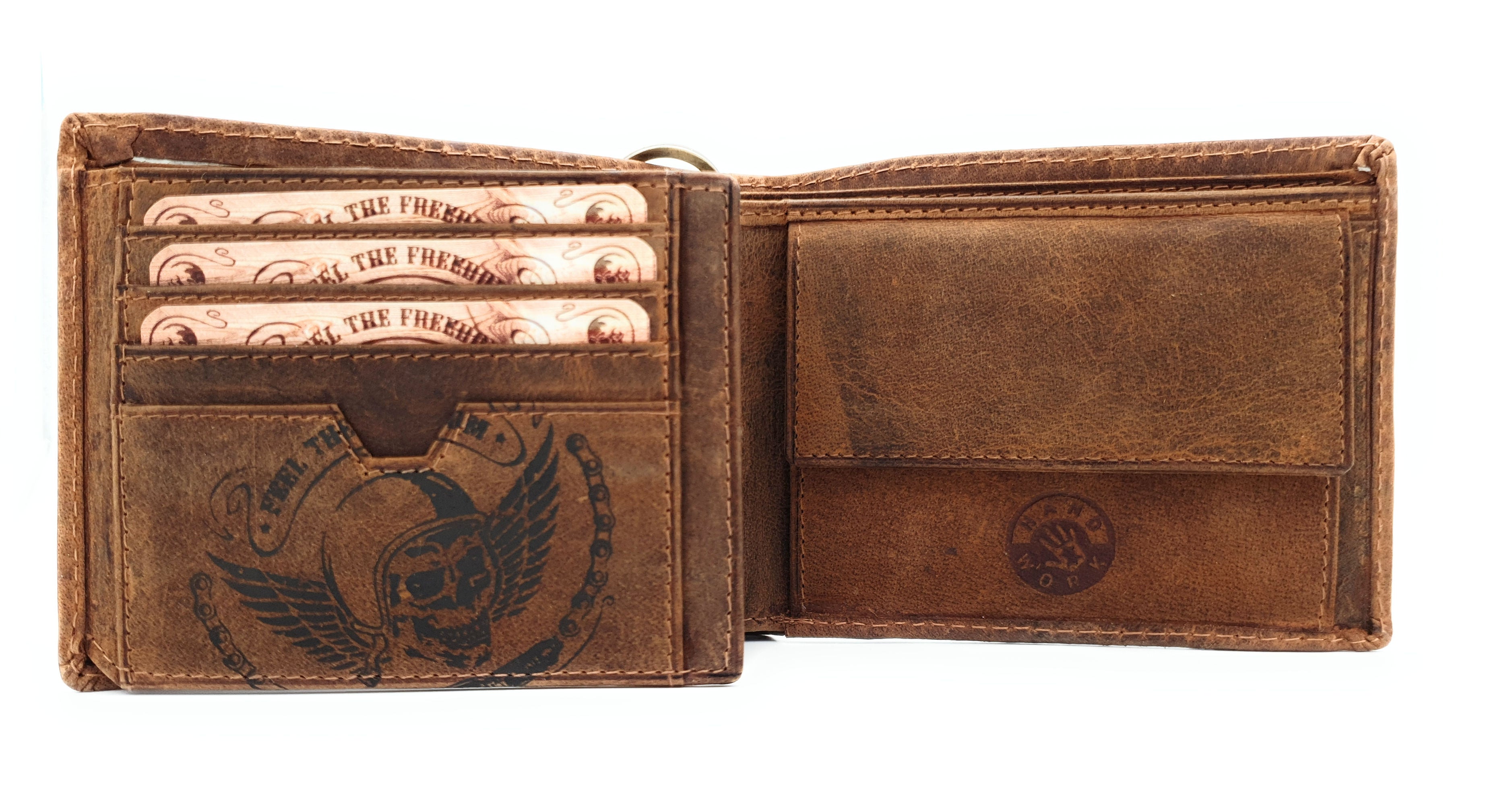 Jockey Club echt Leder Geldbörse Hunterleder Portemonnaie mit Kette Totenkopf Wing of Hell mit RFID Schutz