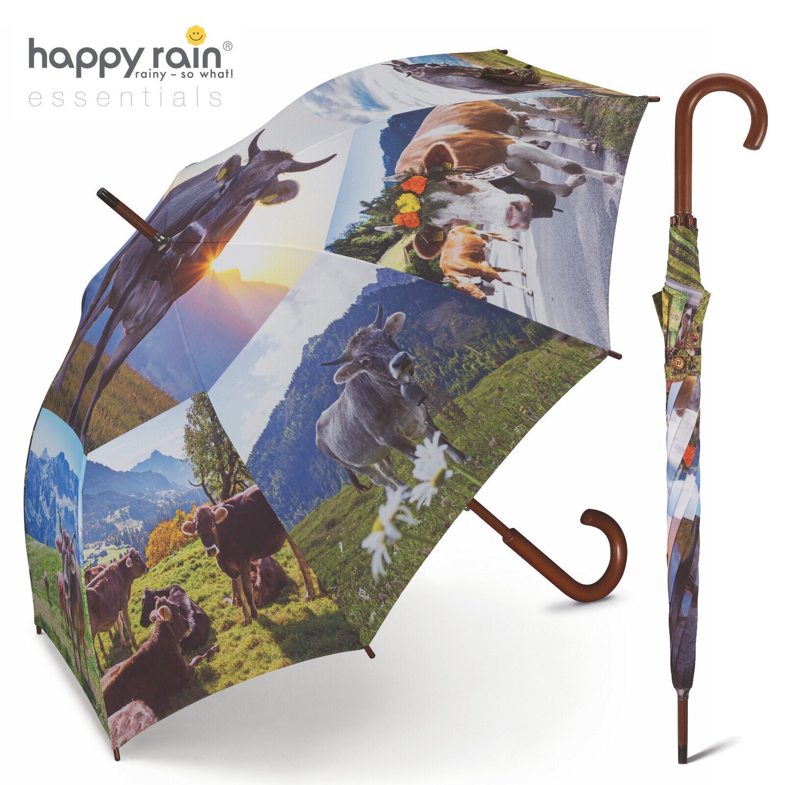 happy rain Regenschirm "Alpenkuh" – Stockschirm mit Echtholzgriff & Alpenmotiv