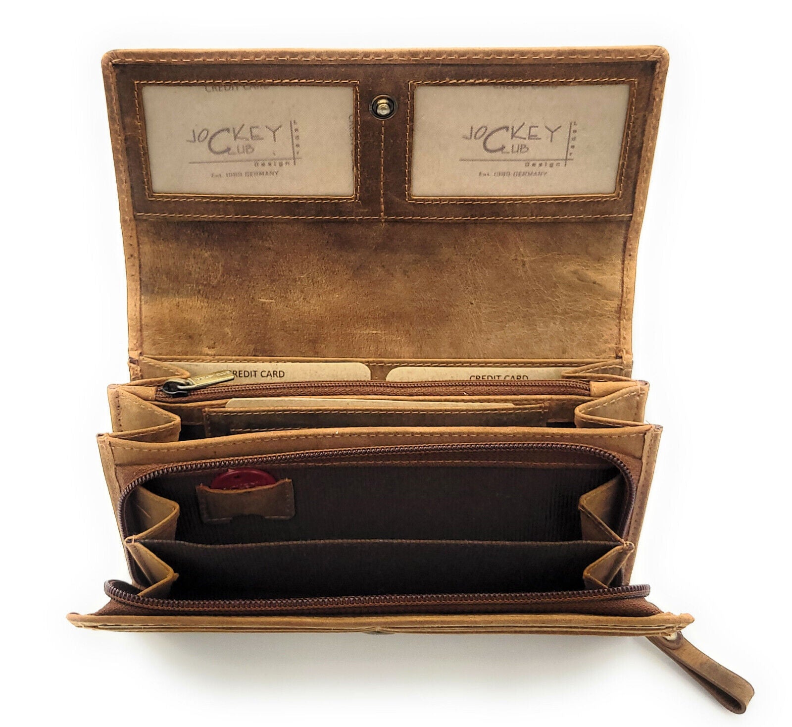 Jockey Club echt Leder Damen Geldbörse Portemonnaie Geldbeutel vintage mit RFID Schutz cognac braun