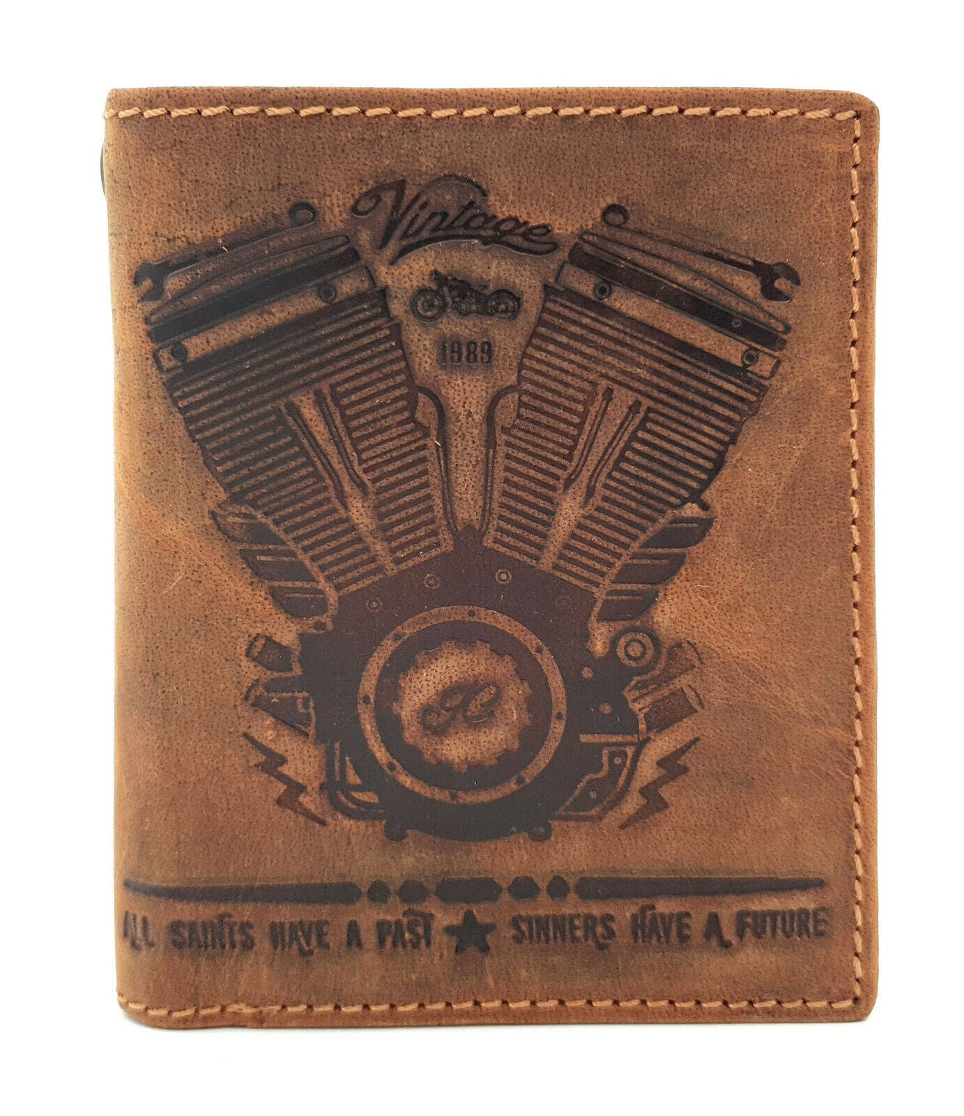 Jockey Club echt Leder Biker Geldbörse Geldbeutel Portemonnaie + 50cm Kette Motor Motorblock mit RFID Schutz braun