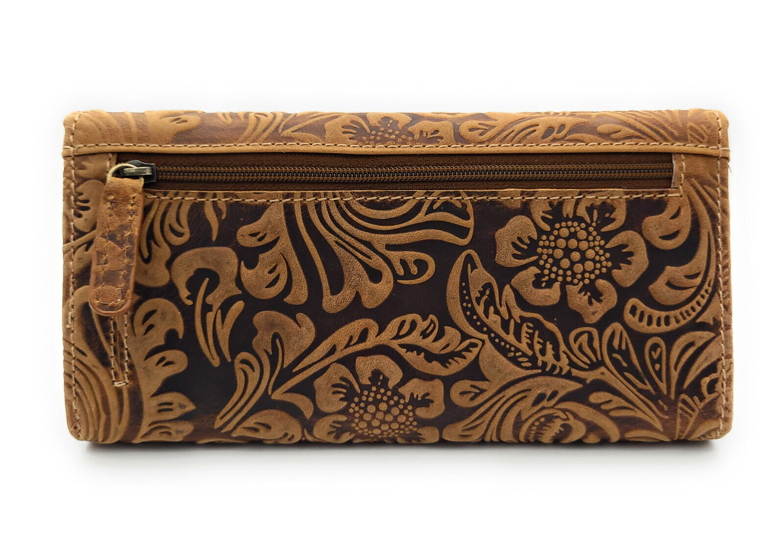 Jockey Club Damengeldbörse, Portemonnaie aus Echtleder mit RFID-Schutz & Blüten-Prägung cognac braun