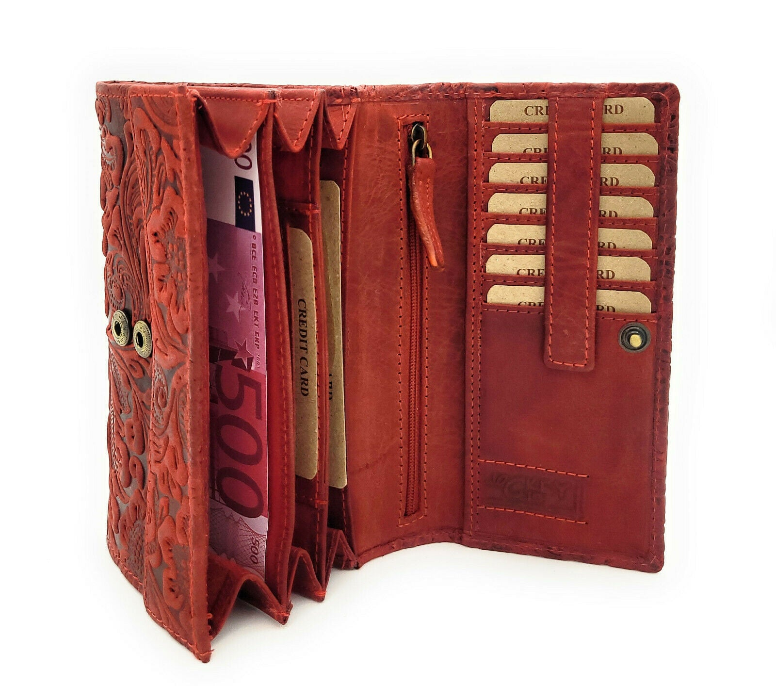 Jockey Club Damen Geldbörse lang Portemonnaie geprägtes Vollrindleder Ranken und Blüten mit RFID Schutz rot