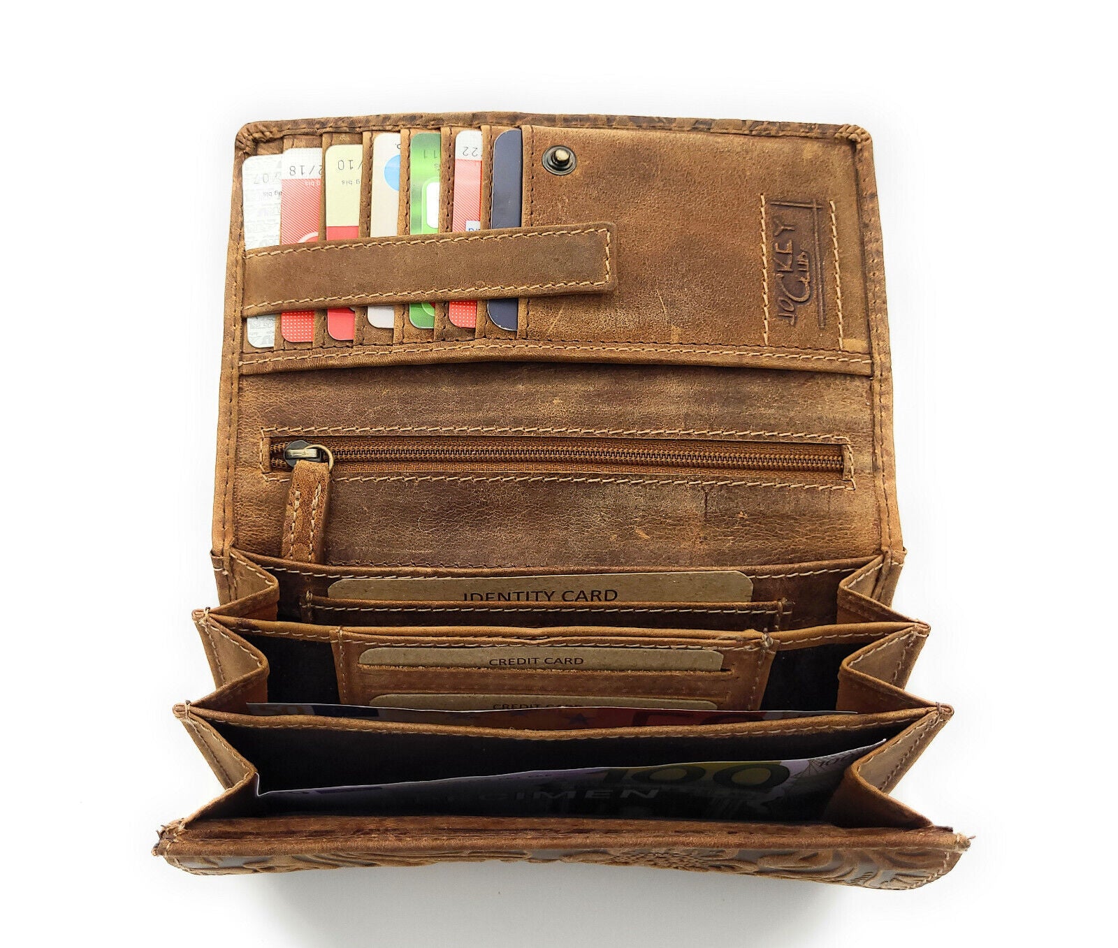 Jockey Club Damen Geldbörse lang Portemonnaie geprägtes Vollrindleder Ranken und Blüten mit RFID Schutz cognac braun