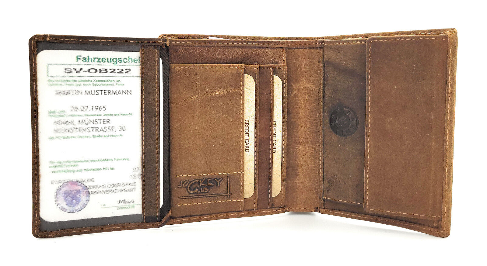 Jockey Club Geldbörse aus echtem Hunterleder – Vintage-Look Braun mit Sichtfach für KFZ-Papiere & RFID-Schutz