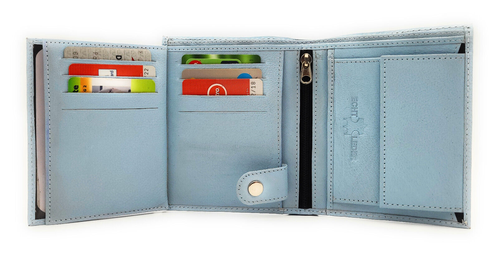Lemasi Geldbörse Portemonnaie Geldbeutel aus Nappaleder 9 Kartenfächer hellblau