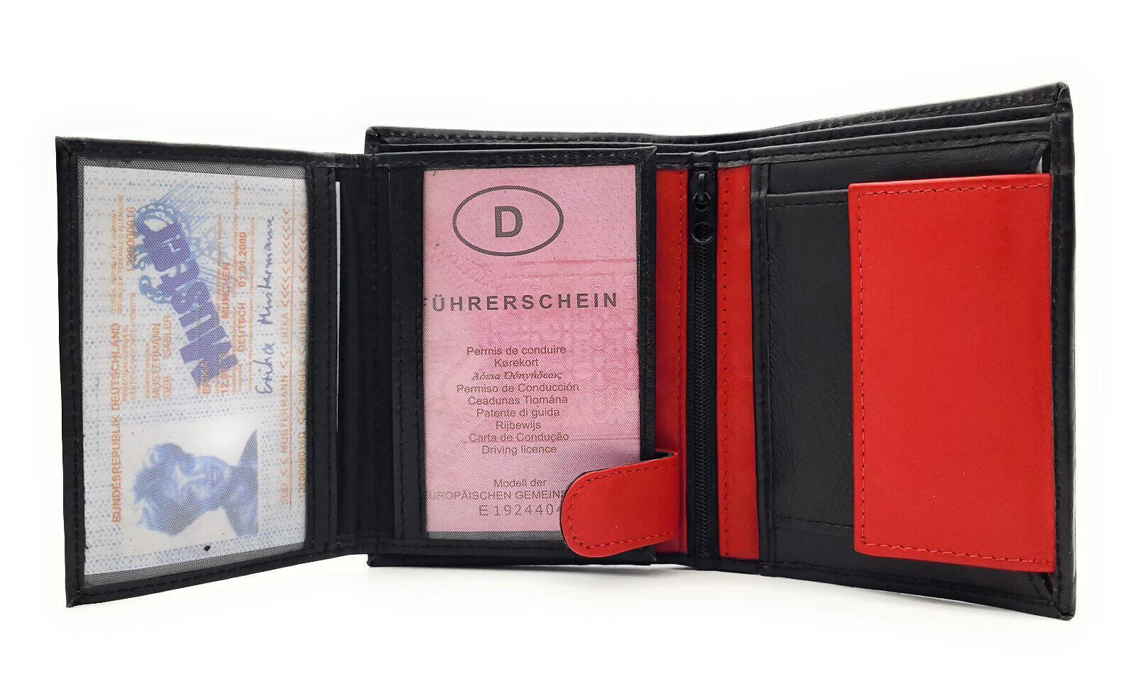 Lemasi Geldbörse Portemonnaie Geldbeutel aus Nappaleder 9 Kartenfächer schwarz rot