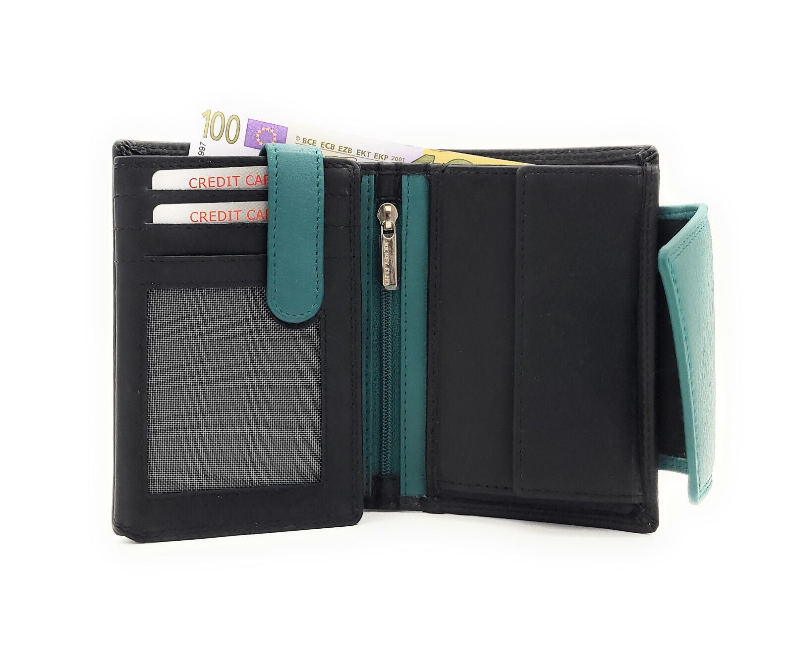 Jockey Club hochwertige Damen Geldbörse aus Echtleder mit RFID Schutz & Diagonalriegel – Handgefertigte Lederbörse mit vielen Fächern schwarz petrol