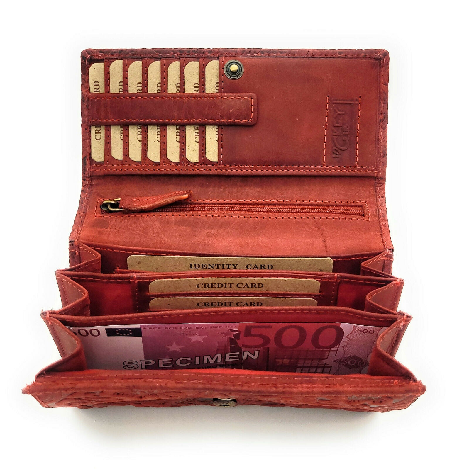 Jockey Club Damen Geldbörse lang Portemonnaie geprägtes Vollrindleder Ranken und Blüten mit RFID Schutz rot