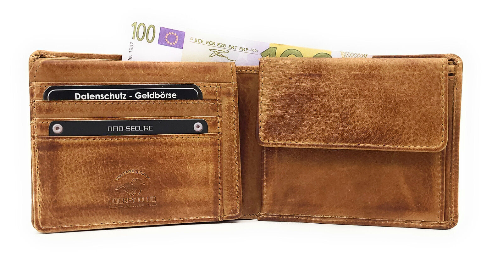 Jockey Club echt Leder Geldbörse Portemonnaie Vintage mit RFID Schutz cognac
