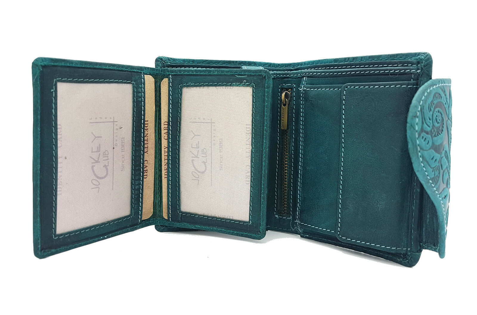 Jockey Club echt Leder Damen Geldbörse Portemonnaie florale Prägung mit RFID Schutz Liane petrol grün