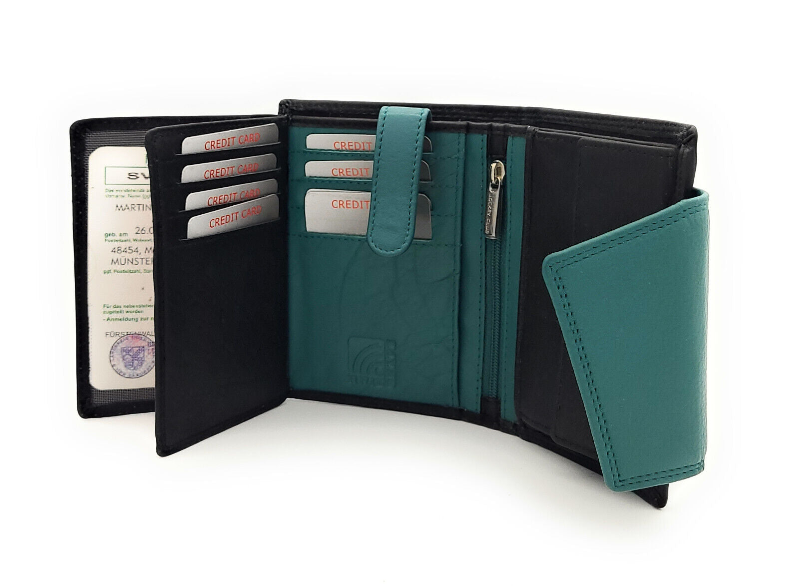 Jockey Club hochwertige Damen Geldbörse aus Echtleder mit RFID Schutz & Diagonalriegel – Handgefertigte Lederbörse mit vielen Fächern schwarz petrol