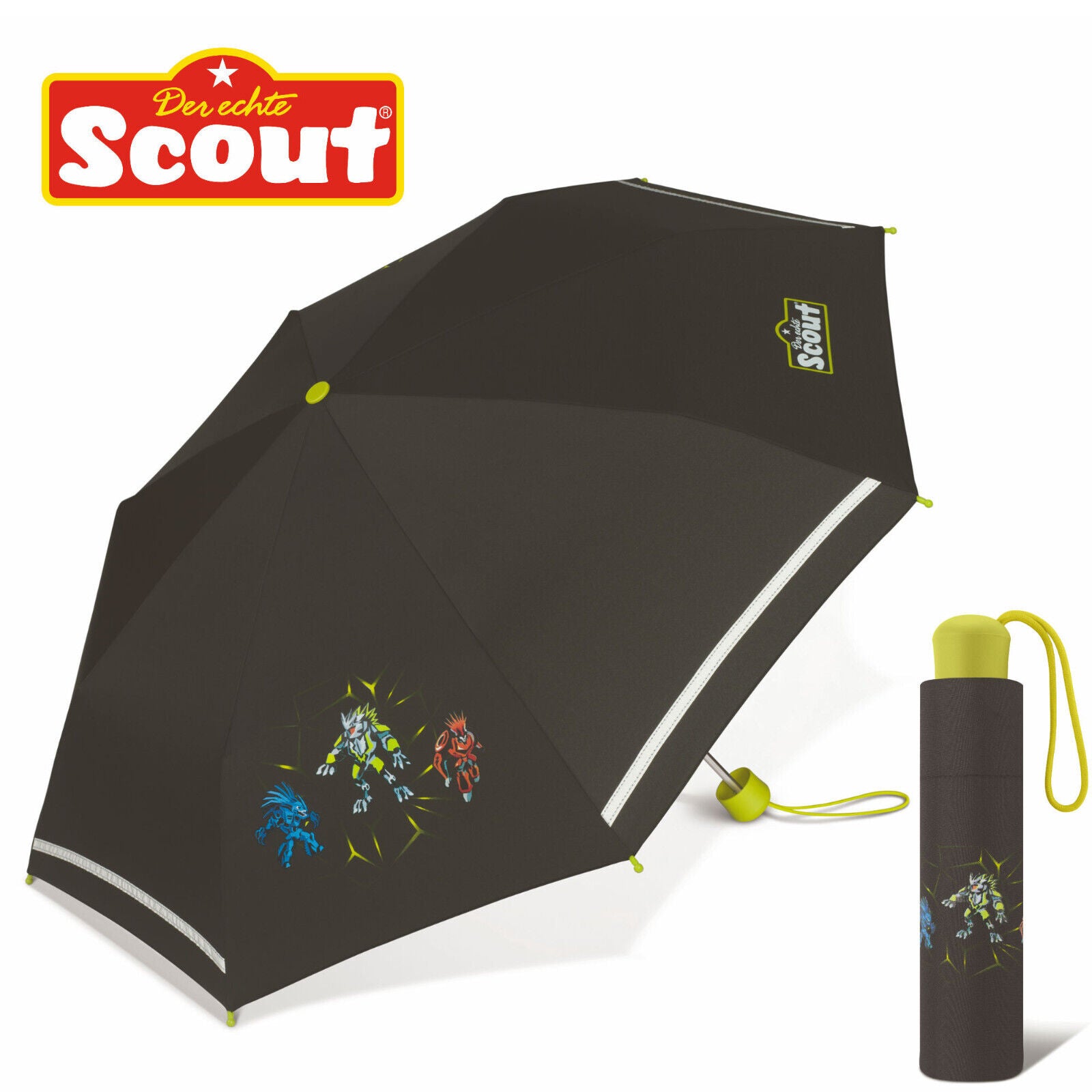 Scout Boys Kinder Regenschirm Taschenschirm mit Reflektionsstreifen Dark Beast