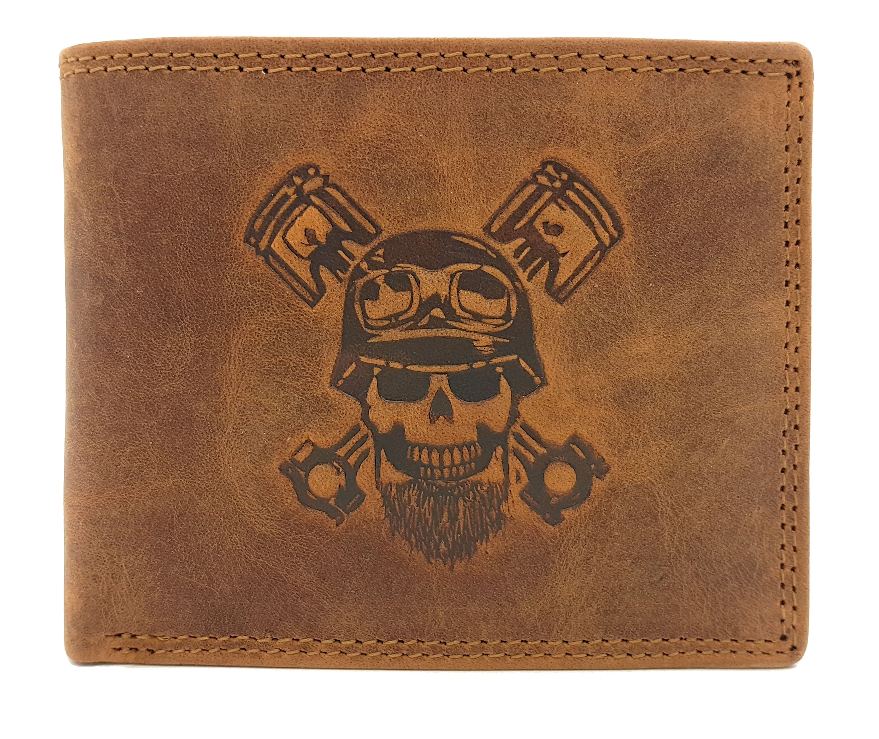 McLean echt Büffel Voll-Leder Männer Geldbörse, quer, naturbelassenes Hunterleder Portemonnaie Totenkopf Schädel Skull mit RFID NFC Schutz