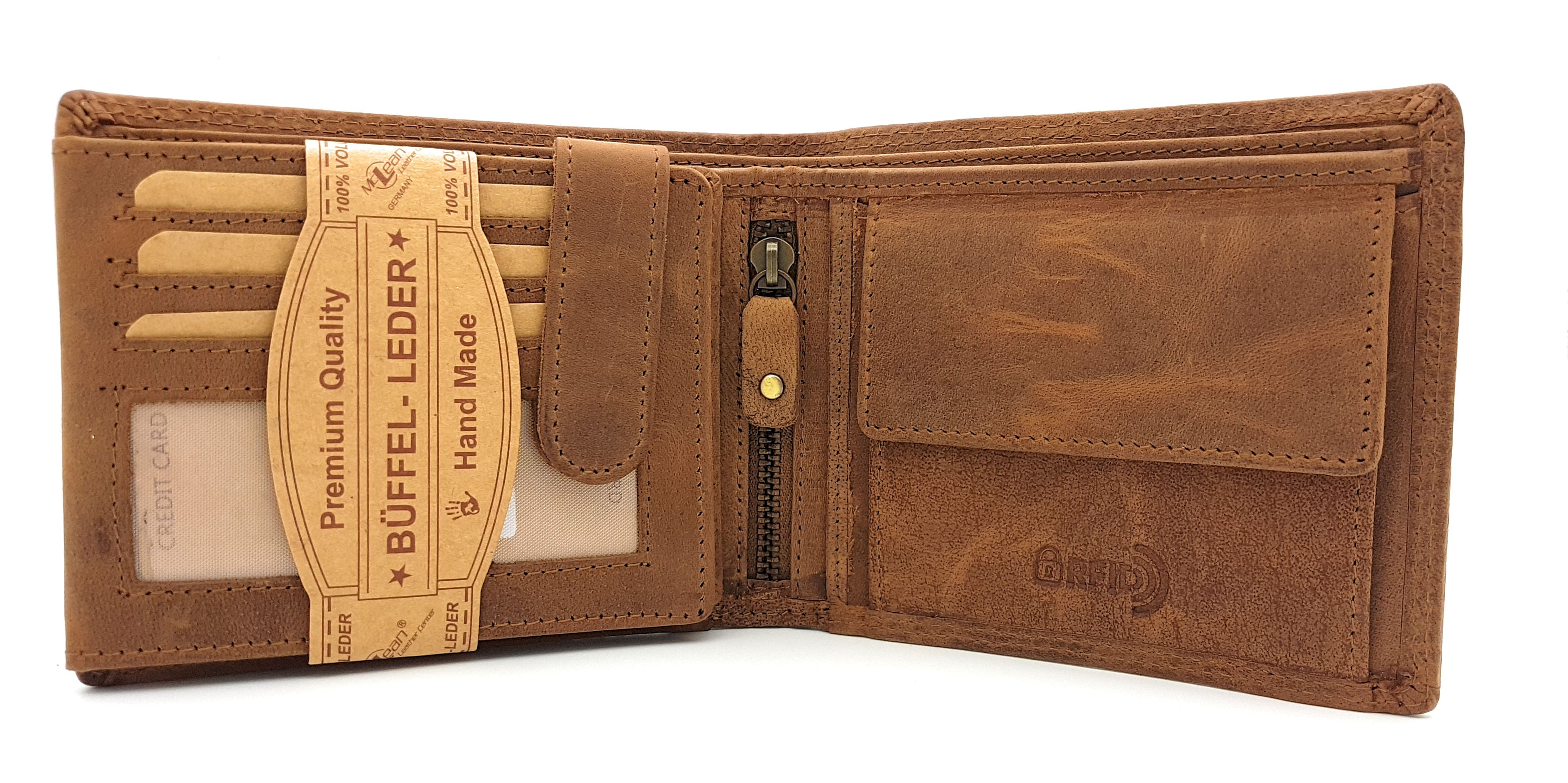 McLean echt Büffel Voll-Leder Männer Geldbörse, quer, naturbelassenes Hunterleder Portemonnaie Totenkopf Schädel Skull mit RFID NFC Schutz