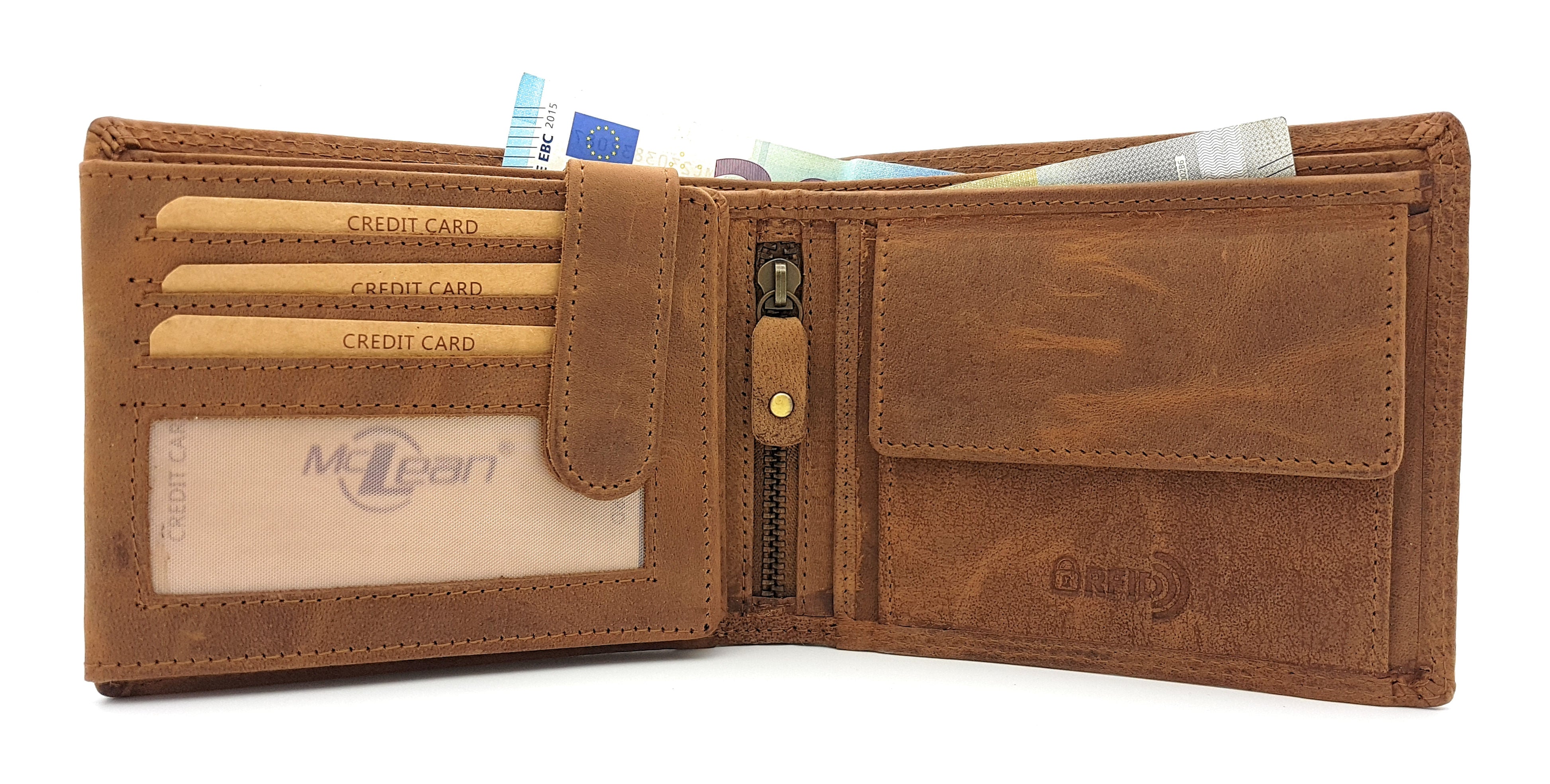 McLean echt Büffel Voll-Leder Männer Geldbörse, quer, naturbelassenes Hunterleder Portemonnaie Totenkopf Schädel Skull mit RFID NFC Schutz