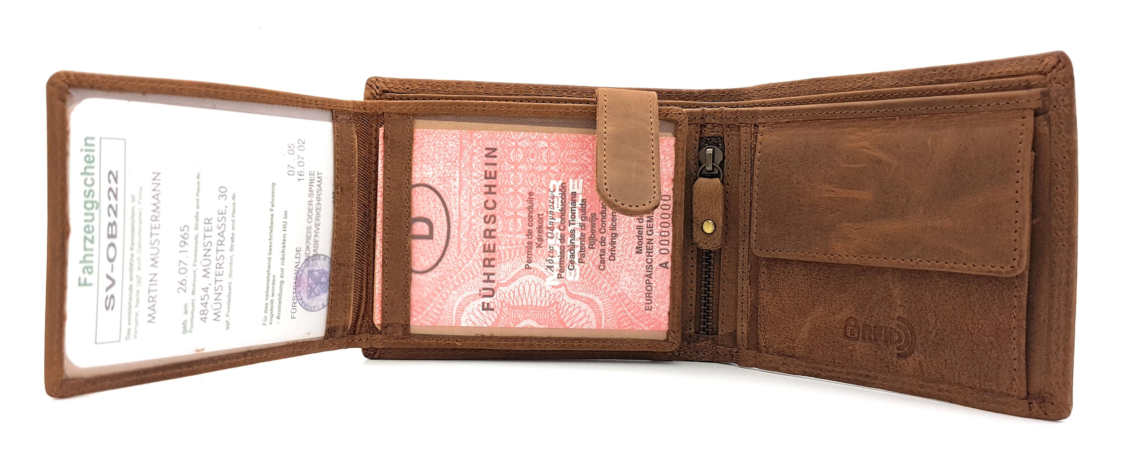 McLean echt Büffel Voll-Leder Männer Geldbörse, quer, naturbelassenes Hunterleder Portemonnaie Totenkopf Schädel Skull mit RFID NFC Schutz