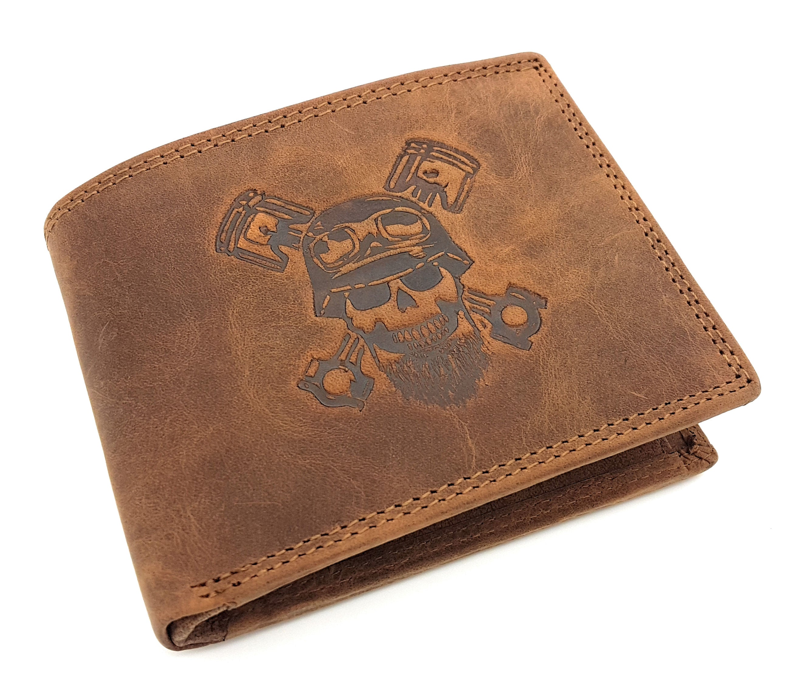 McLean echt Büffel Voll-Leder Männer Geldbörse, quer, naturbelassenes Hunterleder Portemonnaie Totenkopf Schädel Skull mit RFID NFC Schutz