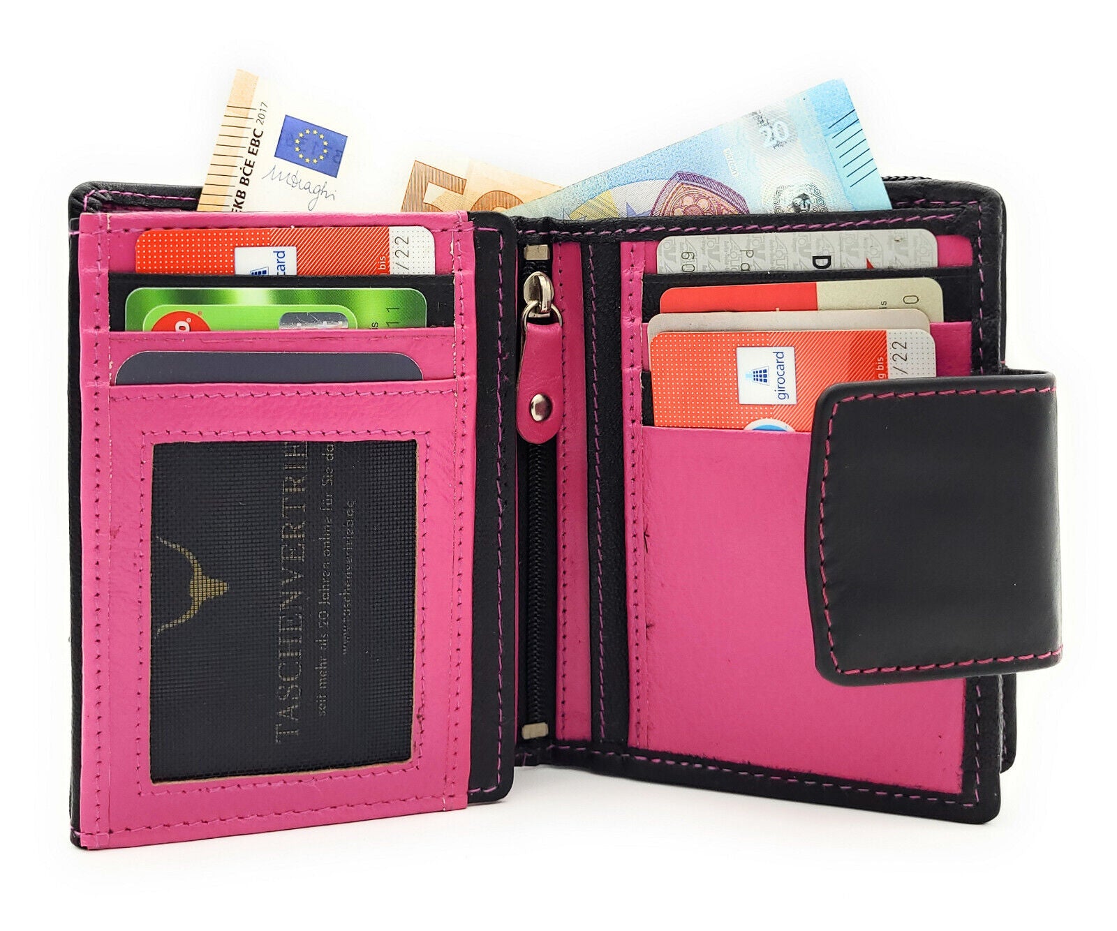 Lemasi Damen Geldbörse Portemonnaie Geldbeutel aus Nappaleder 10 Kartenfächer schwarz pink