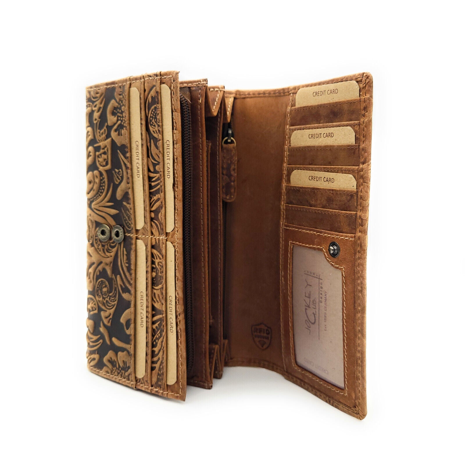 Jockey Club Damengeldbörse, Portemonnaie aus Echtleder mit RFID-Schutz & Blüten-Prägung cognac braun